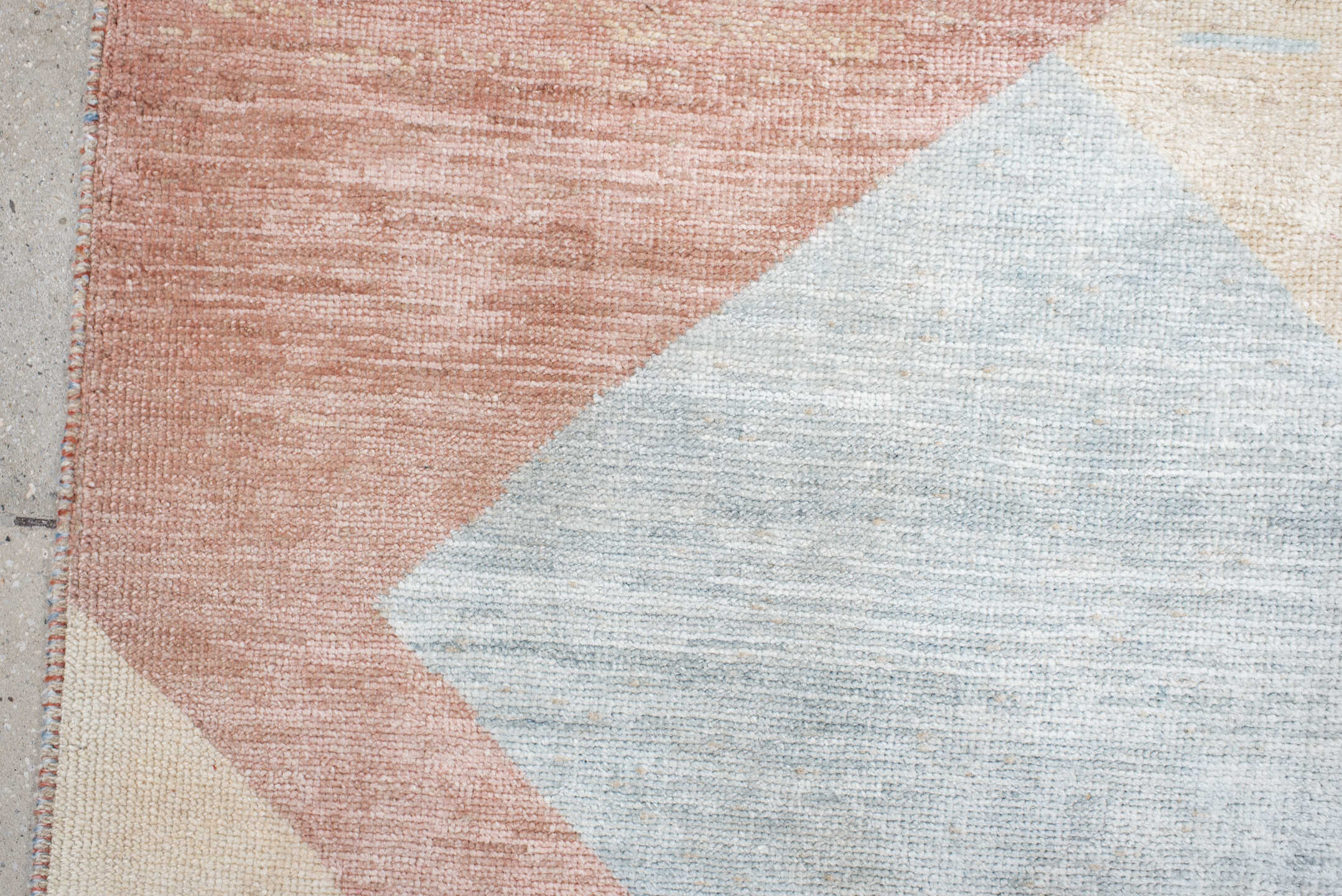 6' x 9' one-of-a-kind handmade vintage Gabbe medium size rug. Color palette: ivory, pale blue, blush, cream, light blue