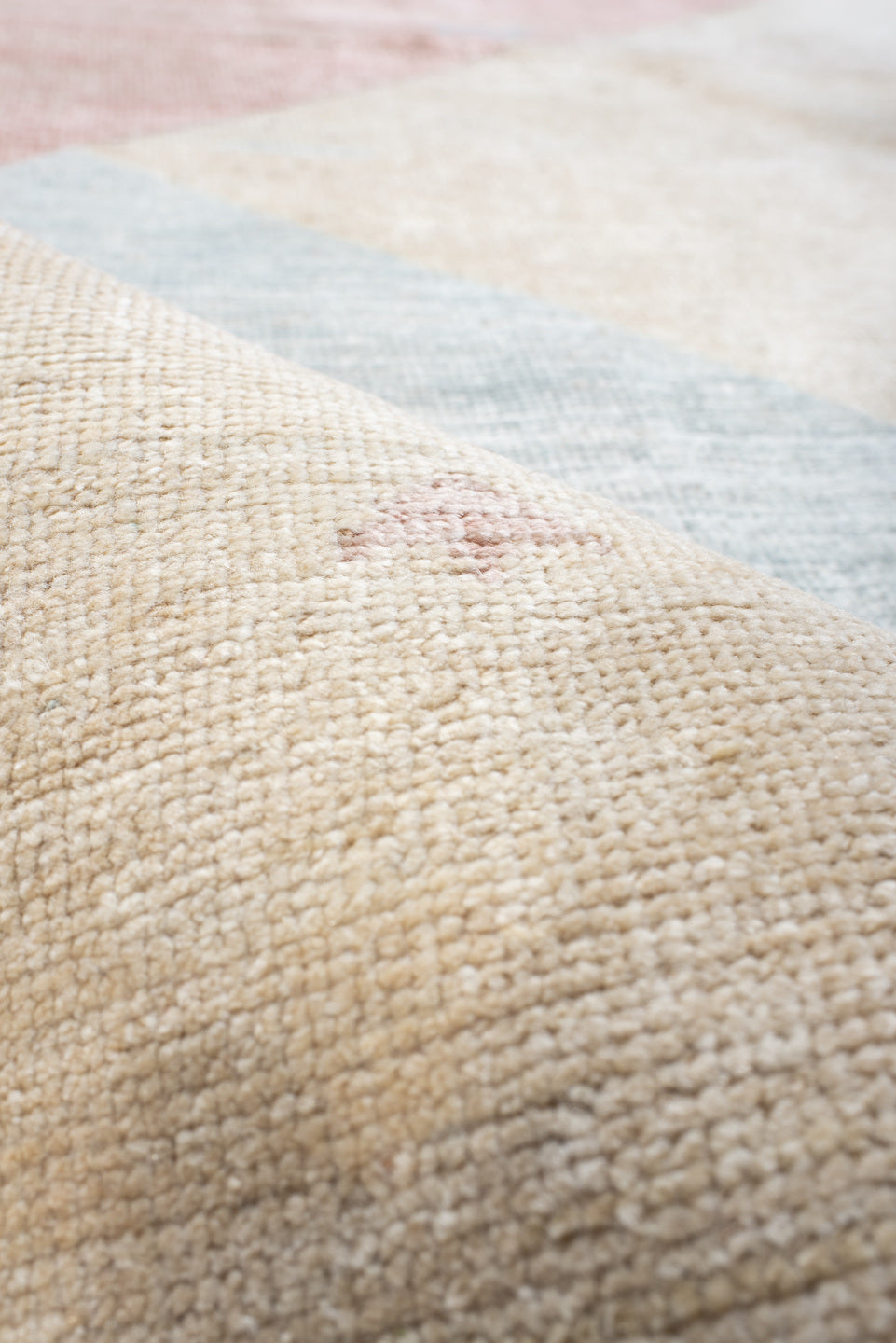6' x 9' one-of-a-kind handmade vintage Gabbe medium size rug. Color palette: ivory, pale blue, blush, cream, light blue
