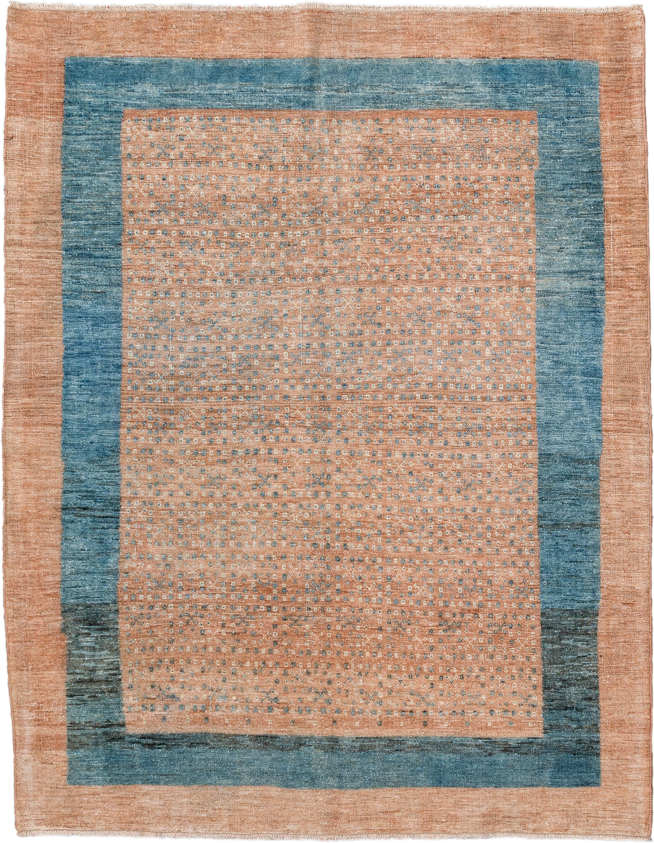 3' x 4' one-of-a-kind handmade vintage small size rug. Color palette: peach, teal, camel, taupe, ivory, slate, terracotta