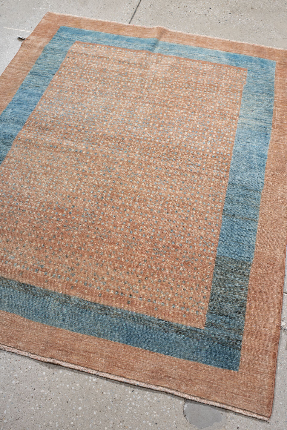3' x 4' one-of-a-kind handmade vintage small size rug. Color palette: peach, teal, camel, taupe, ivory, slate, terracotta