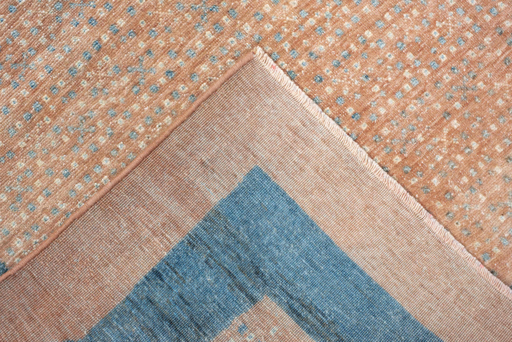 3' x 4' one-of-a-kind handmade vintage small size rug. Color palette: peach, teal, camel, taupe, ivory, slate, terracotta