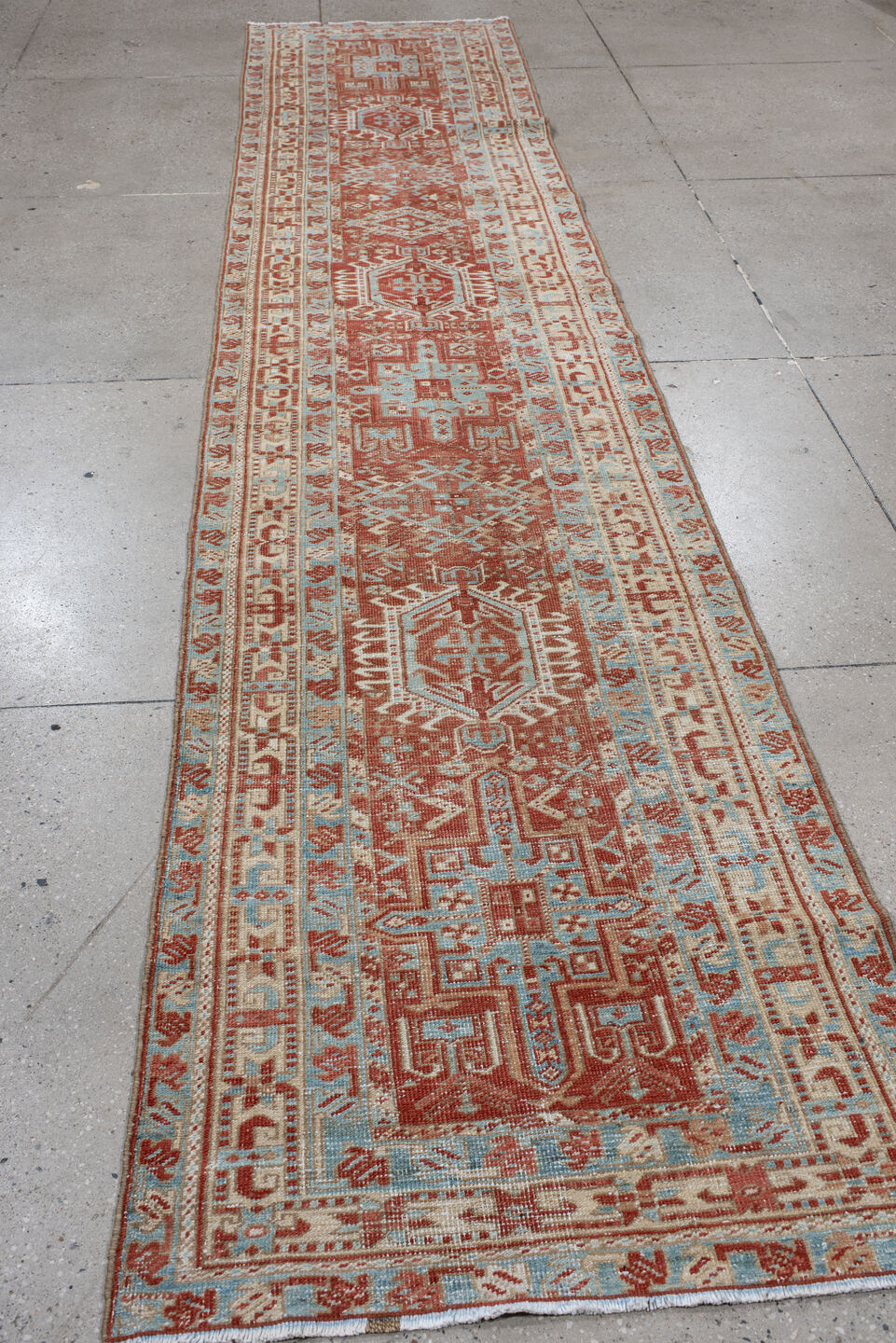 2' x 14' one-of-a-kind handmade vintage Heriz runner rug. Color palette: brown, dark gray, floral white, gainsboro, gray