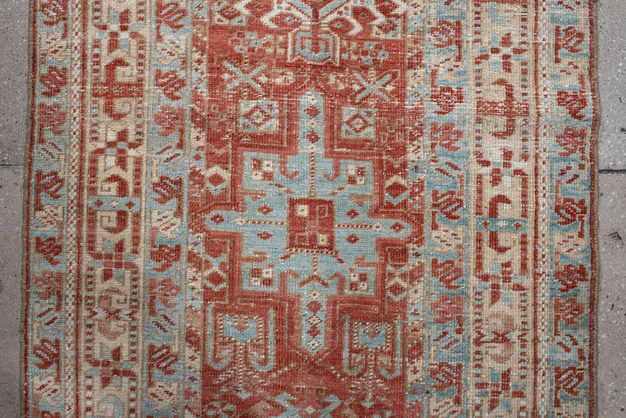 2' x 14' one-of-a-kind handmade vintage Heriz runner rug. Color palette: brown, dark gray, floral white, gainsboro, gray