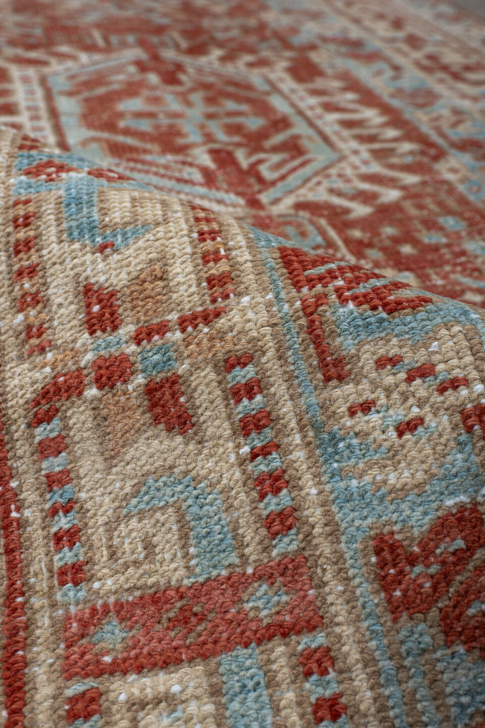 2' x 14' one-of-a-kind handmade vintage Heriz runner rug. Color palette: brown, dark gray, floral white, gainsboro, gray