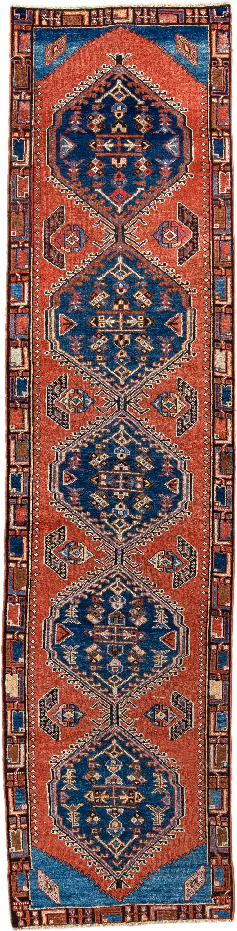 2' x 11' one-of-a-kind handmade vintage NW Persian runner rug. Color palette: terra cotta, navy, ivory, rust, sky blue