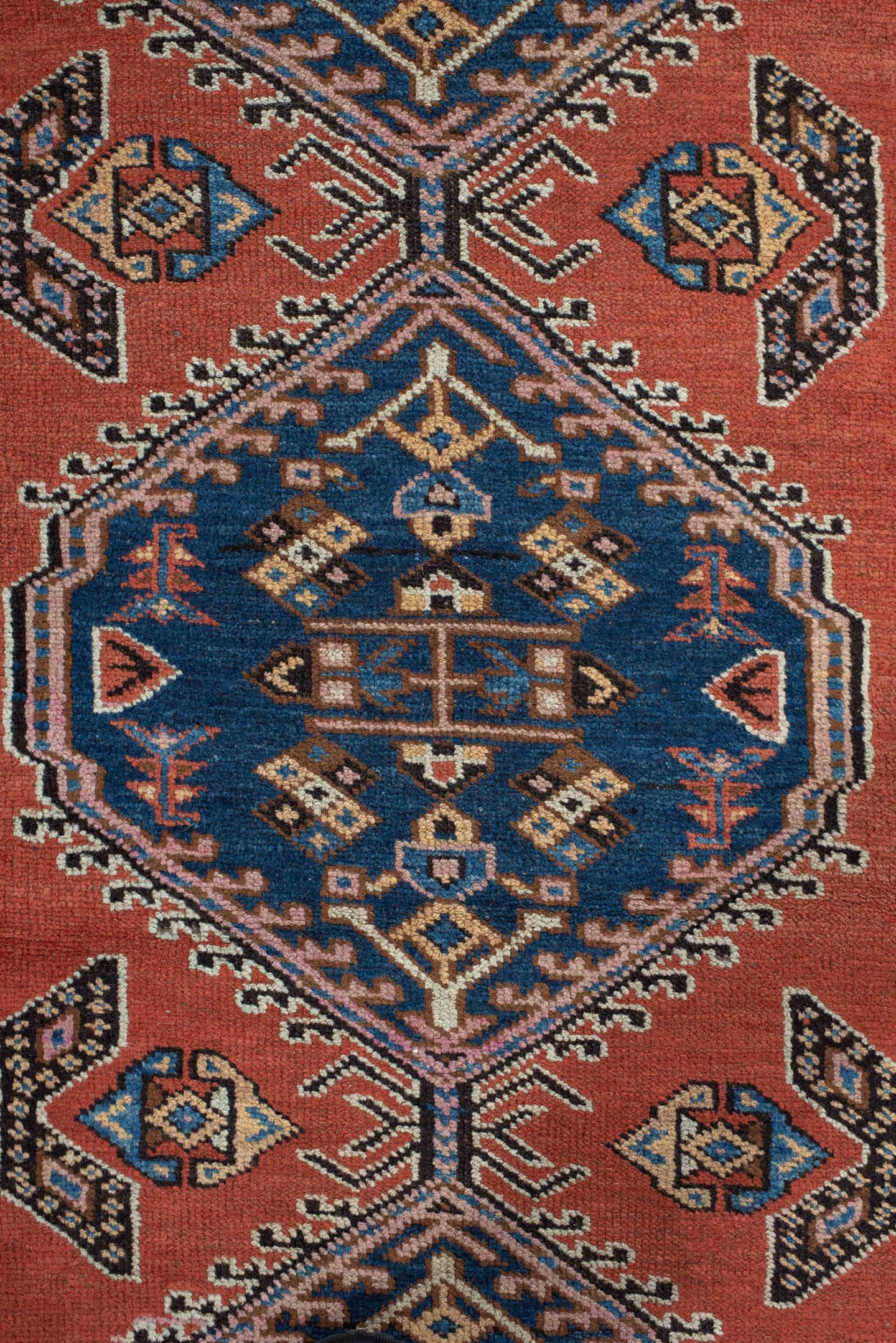 2' x 11' one-of-a-kind handmade vintage NW Persian runner rug. Color palette: terra cotta, navy, ivory, rust, sky blue