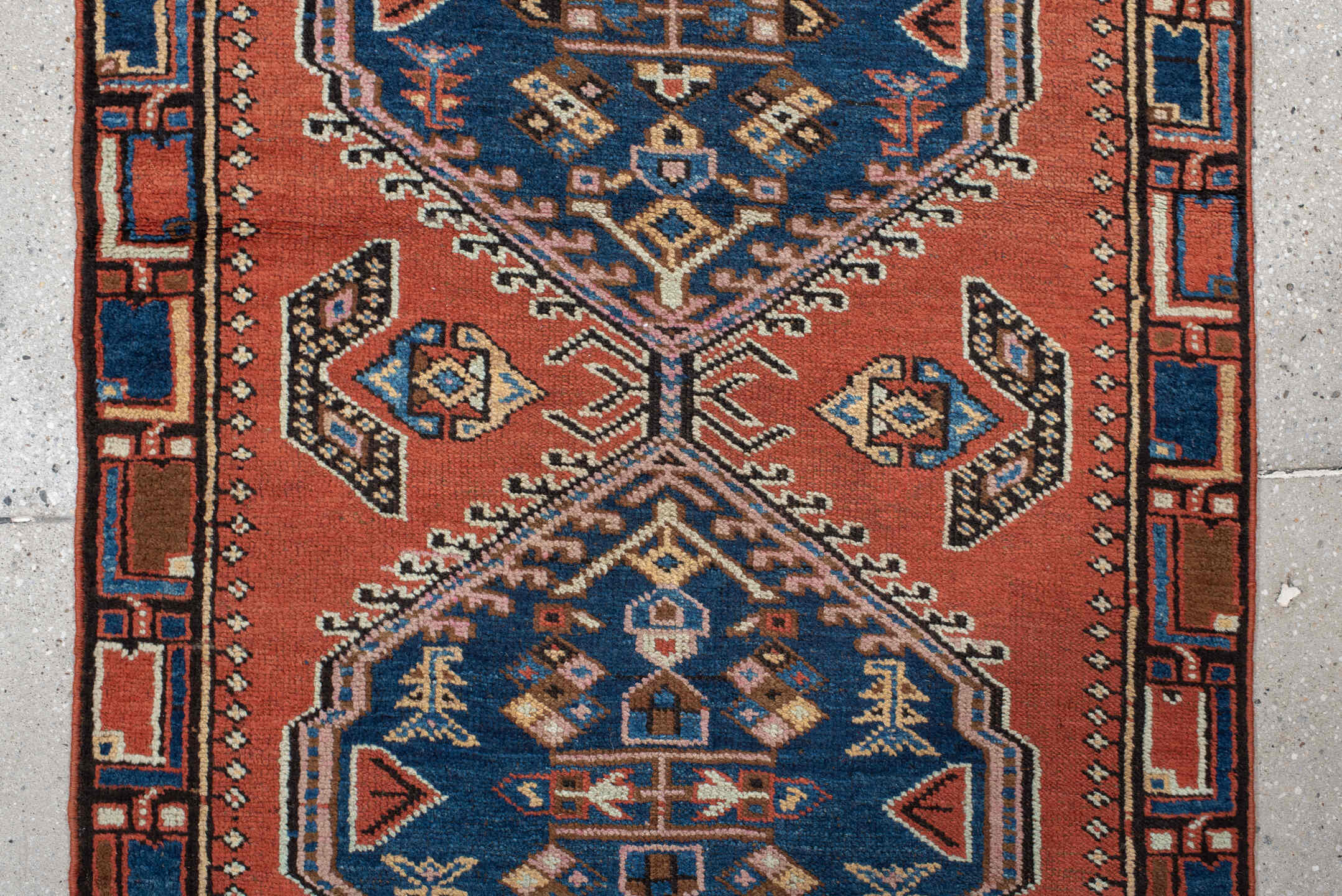 2' x 11' one-of-a-kind handmade vintage NW Persian runner rug. Color palette: terra cotta, navy, ivory, rust, sky blue