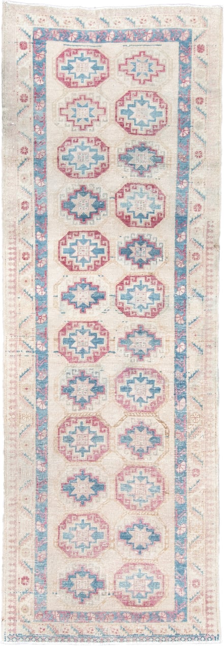 3' x 10' one-of-a-kind handmade antique Sarab runner rug. Color palette: ivory, sky blue, rose, beige, taupe, light blue