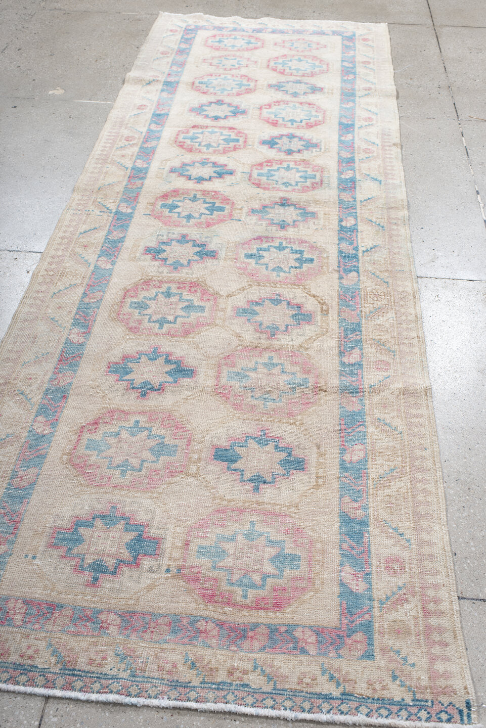 3' x 10' one-of-a-kind handmade antique Sarab runner rug. Color palette: ivory, sky blue, rose, beige, taupe, light blue
