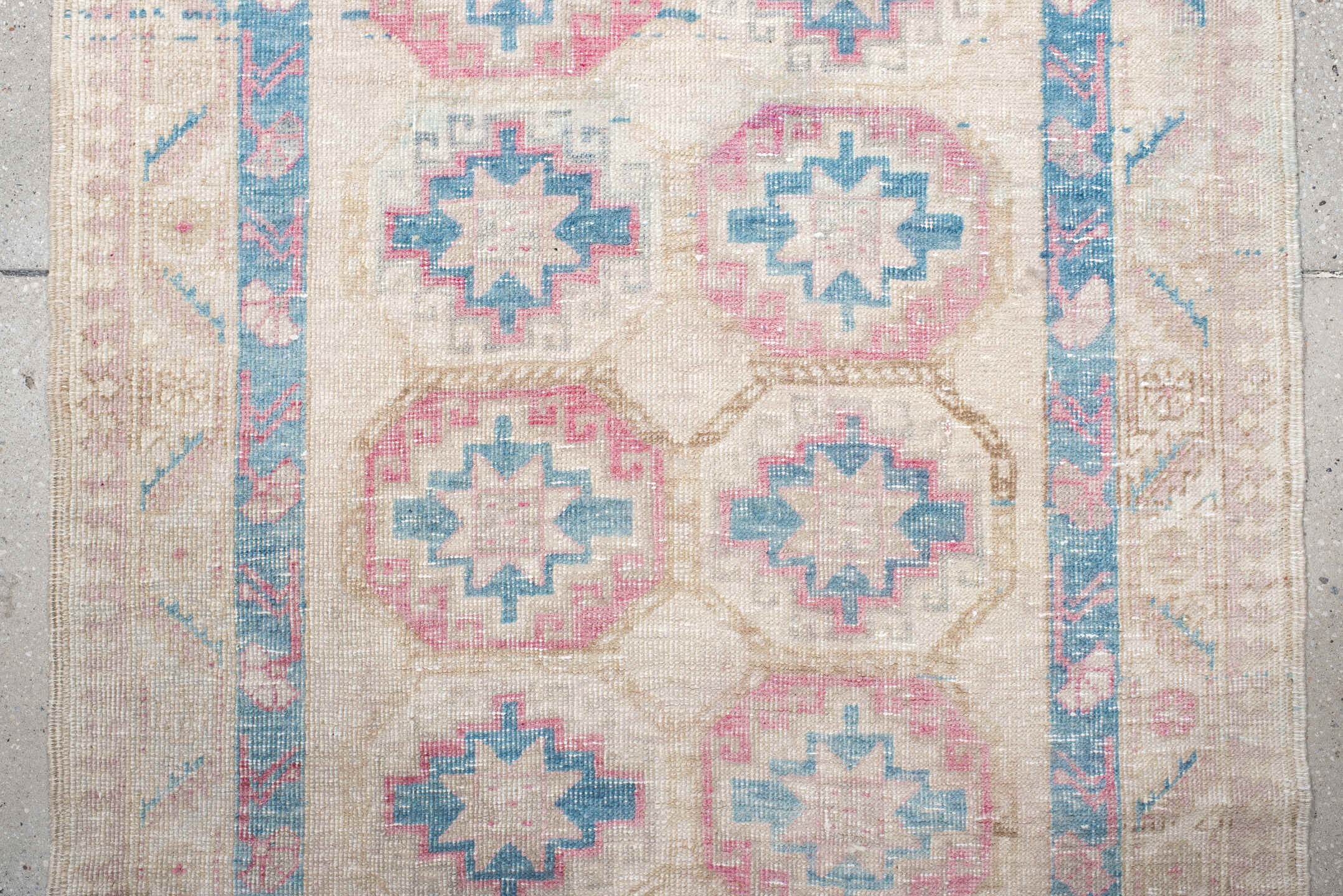3' x 10' one-of-a-kind handmade antique Sarab runner rug. Color palette: ivory, sky blue, rose, beige, taupe, light blue