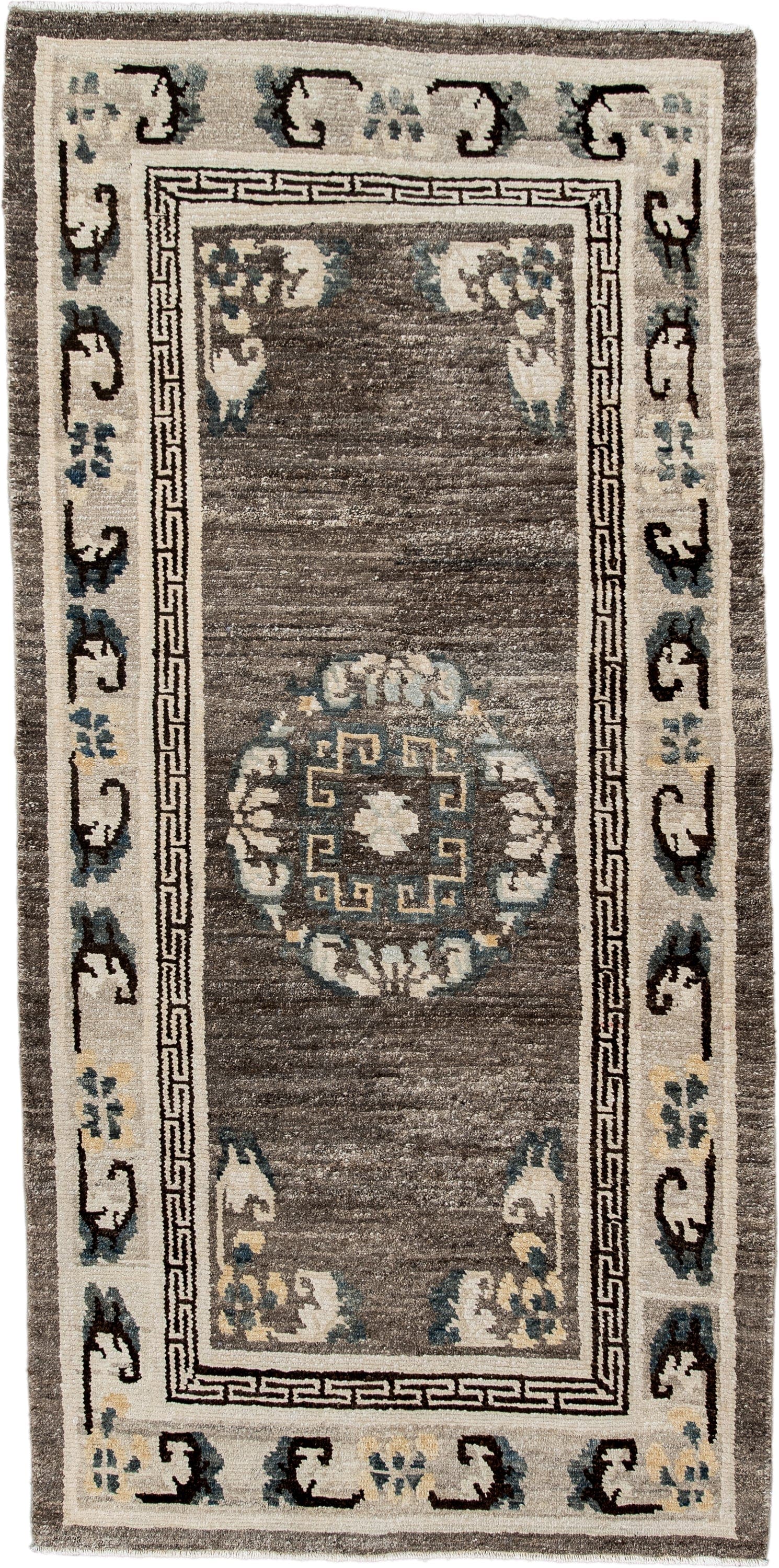 3' x 6' one-of-a-kind handmade antique Tibetan runner rug. Color palette: taupe, ivory, charcoal, slate, cream, gold, beige