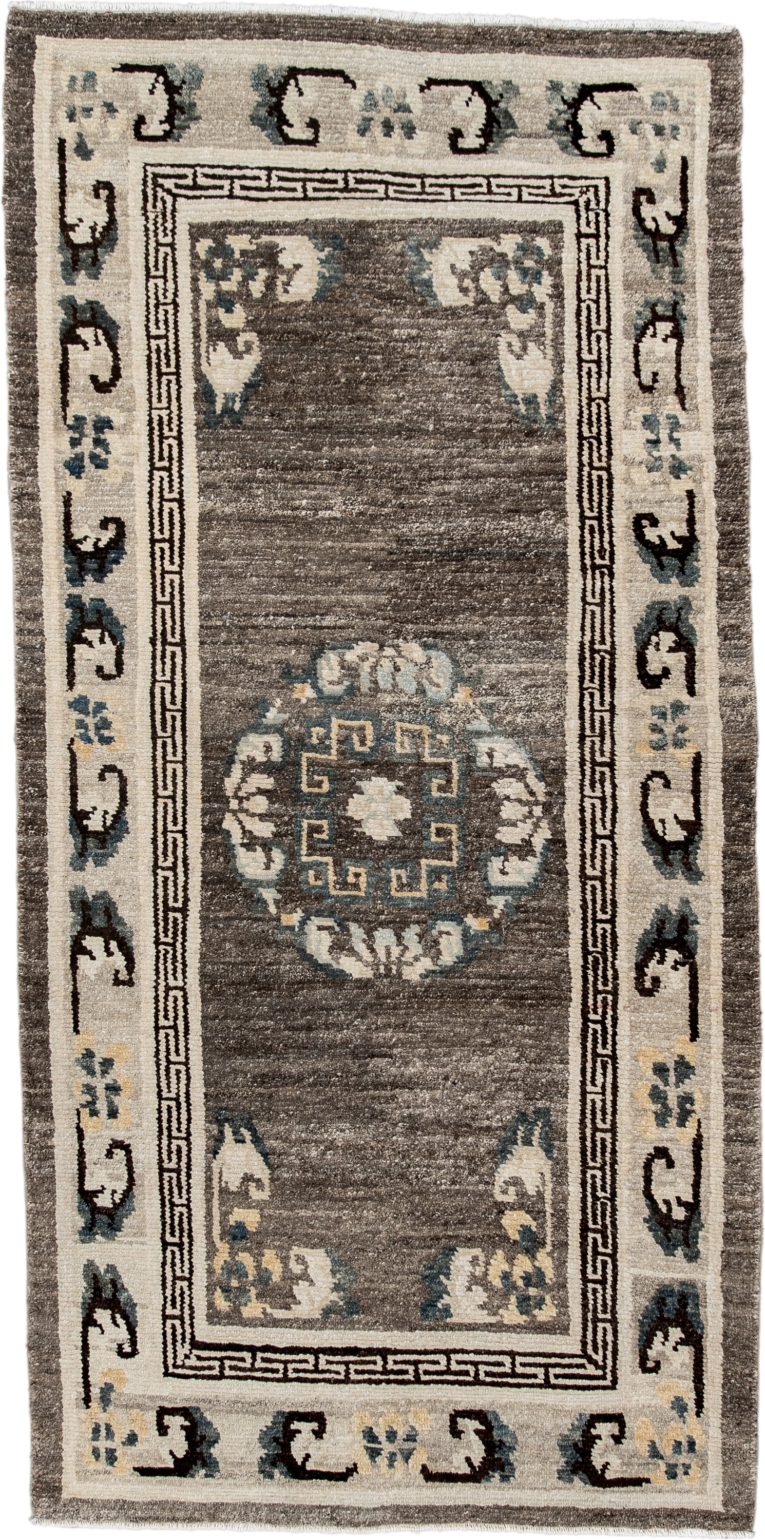 3' x 6' one-of-a-kind handmade antique Tibetan runner rug. Color palette: taupe, ivory, charcoal, slate, cream, gold, beige