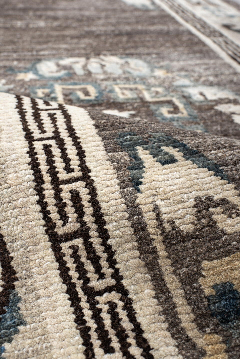 3' x 6' one-of-a-kind handmade antique Tibetan runner rug. Color palette: taupe, ivory, charcoal, slate, cream, gold, beige