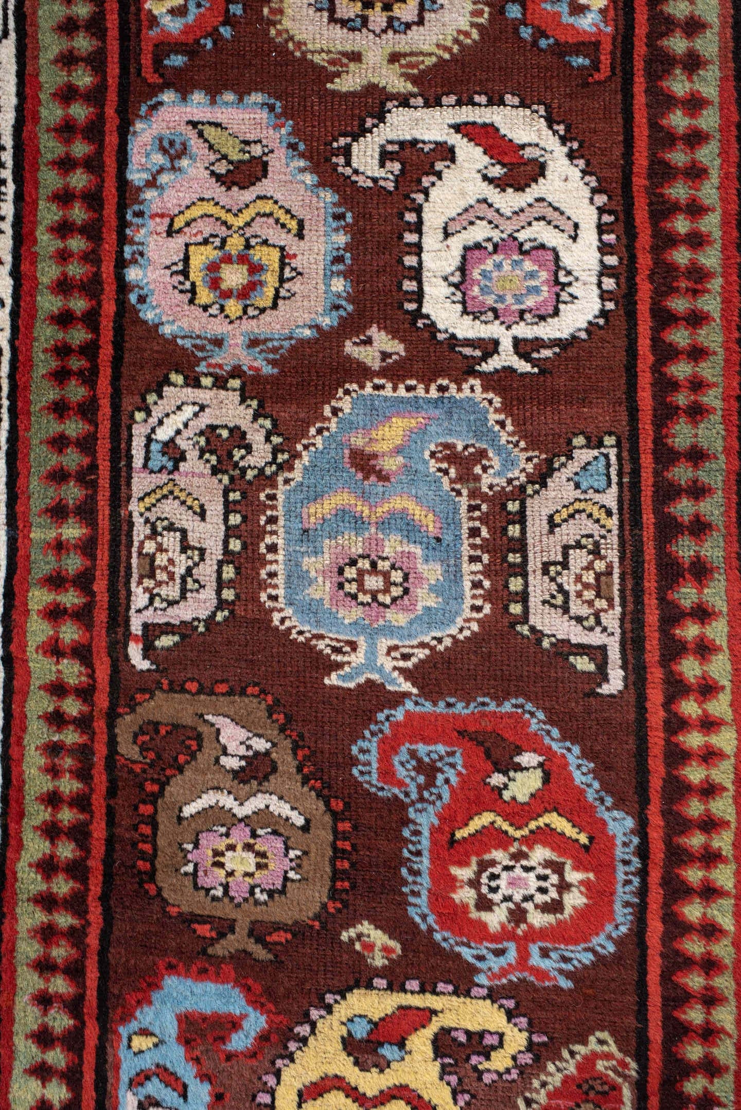3' x 11' one-of-a-kind handmade antique Sarab runner rug. Color palette: rust, ivory, sky blue, crimson, brown, sage, pink