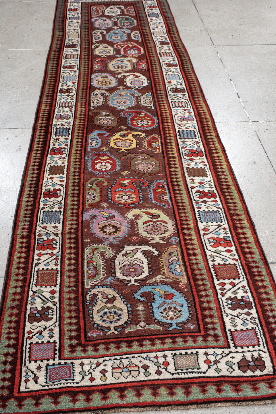 3' x 11' one-of-a-kind handmade vintage Sarab runner rug. Color palette: black, blue, brown, burlywood, gray, light blue