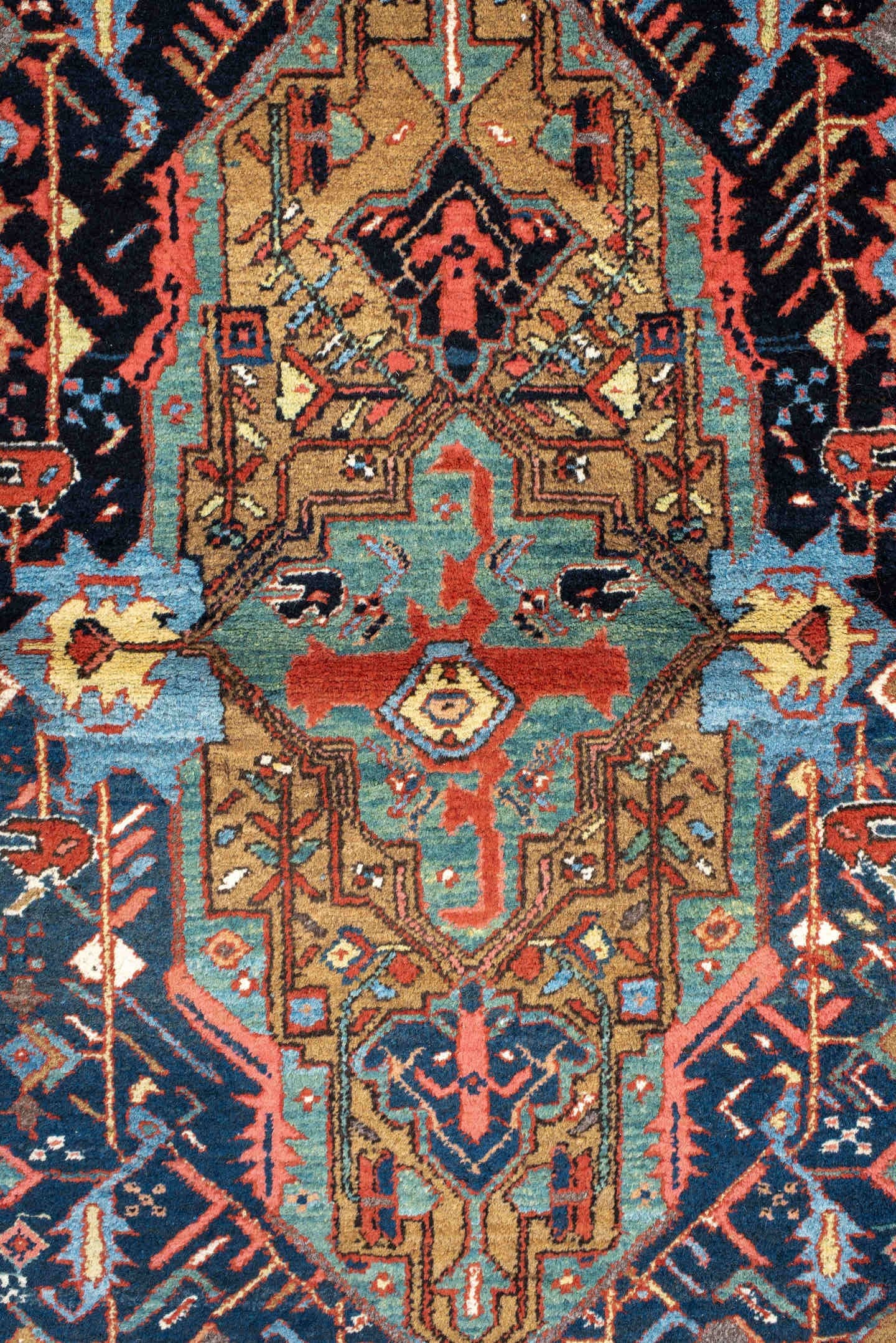 3' x 14' one-of-a-kind handmade antique Karaje runner rug. Color palette: navy, camel, sky_blue, rust, ivory, turquoise