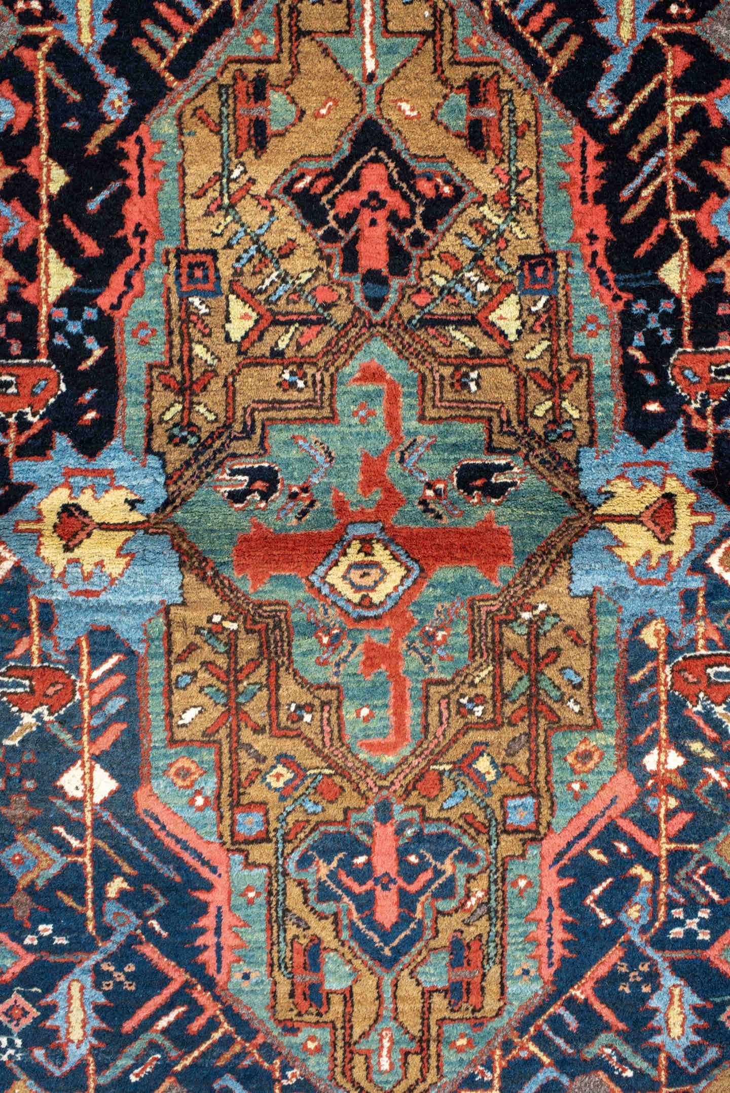 3' x 14' one-of-a-kind handmade antique Karaje runner rug. Color palette: navy, camel, sky_blue, rust, ivory, turquoise