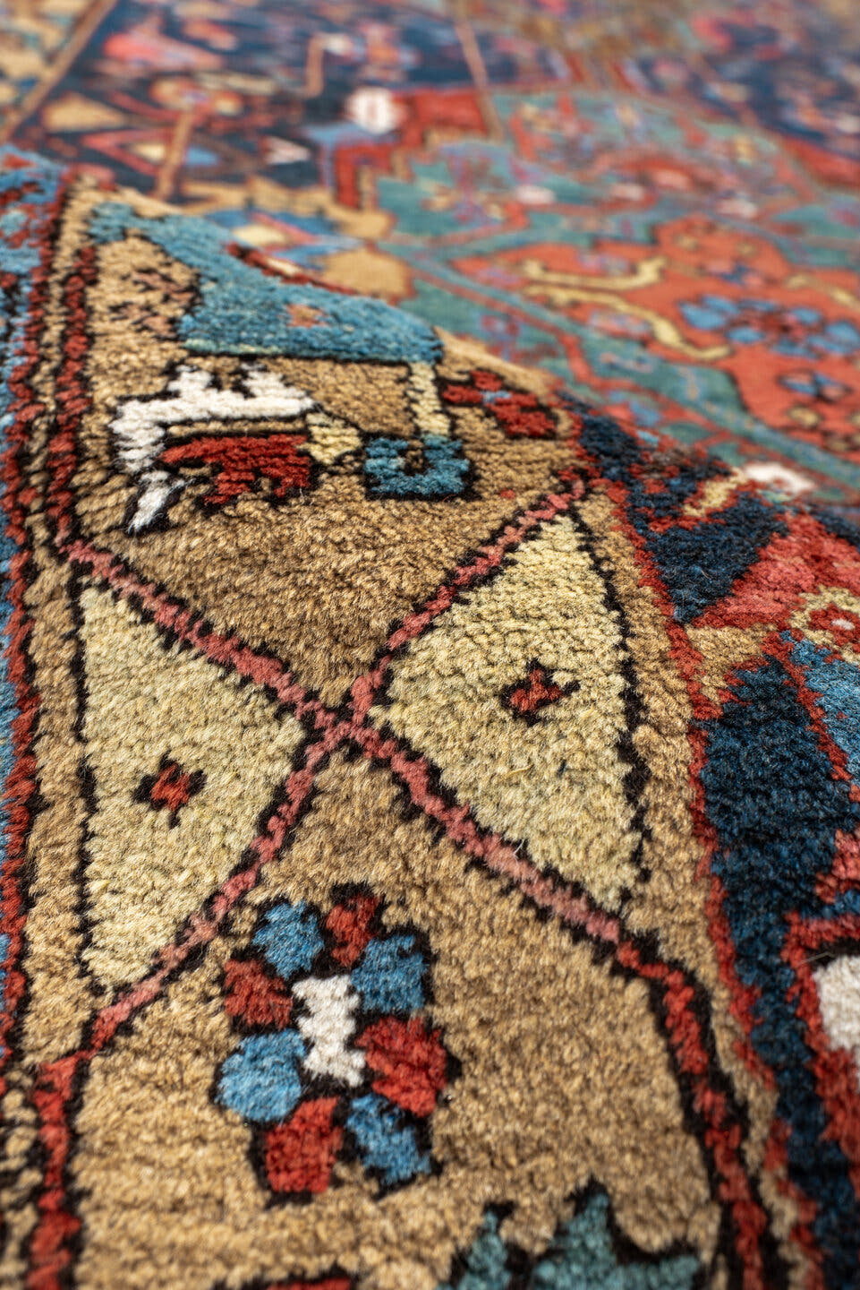 3' x 14' one-of-a-kind handmade antique Karaje runner rug. Color palette: navy, camel, sky_blue, rust, ivory, turquoise