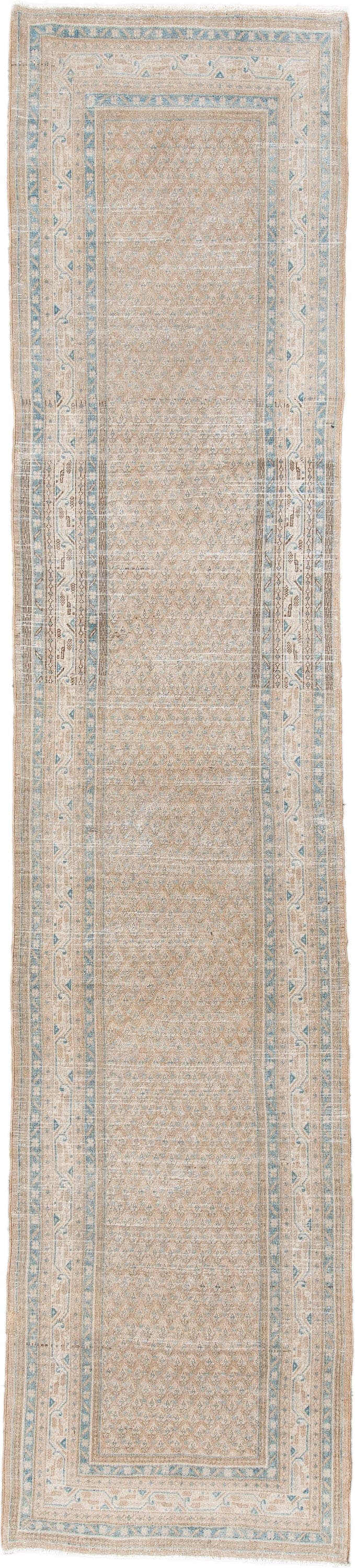 2' x 12' one-of-a-kind handmade antique Mir runner rug. Color palette: ivory, sky blue, beige, taupe, camel, light blue