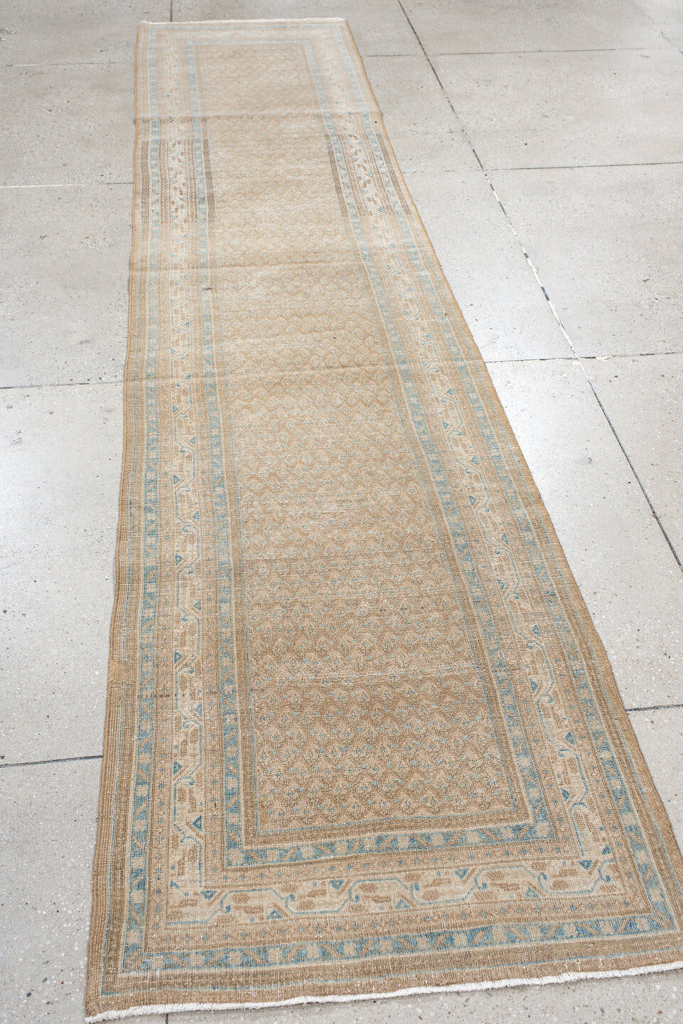 2' x 12' one-of-a-kind handmade antique Mir runner rug. Color palette: ivory, sky blue, beige, taupe, camel, light blue