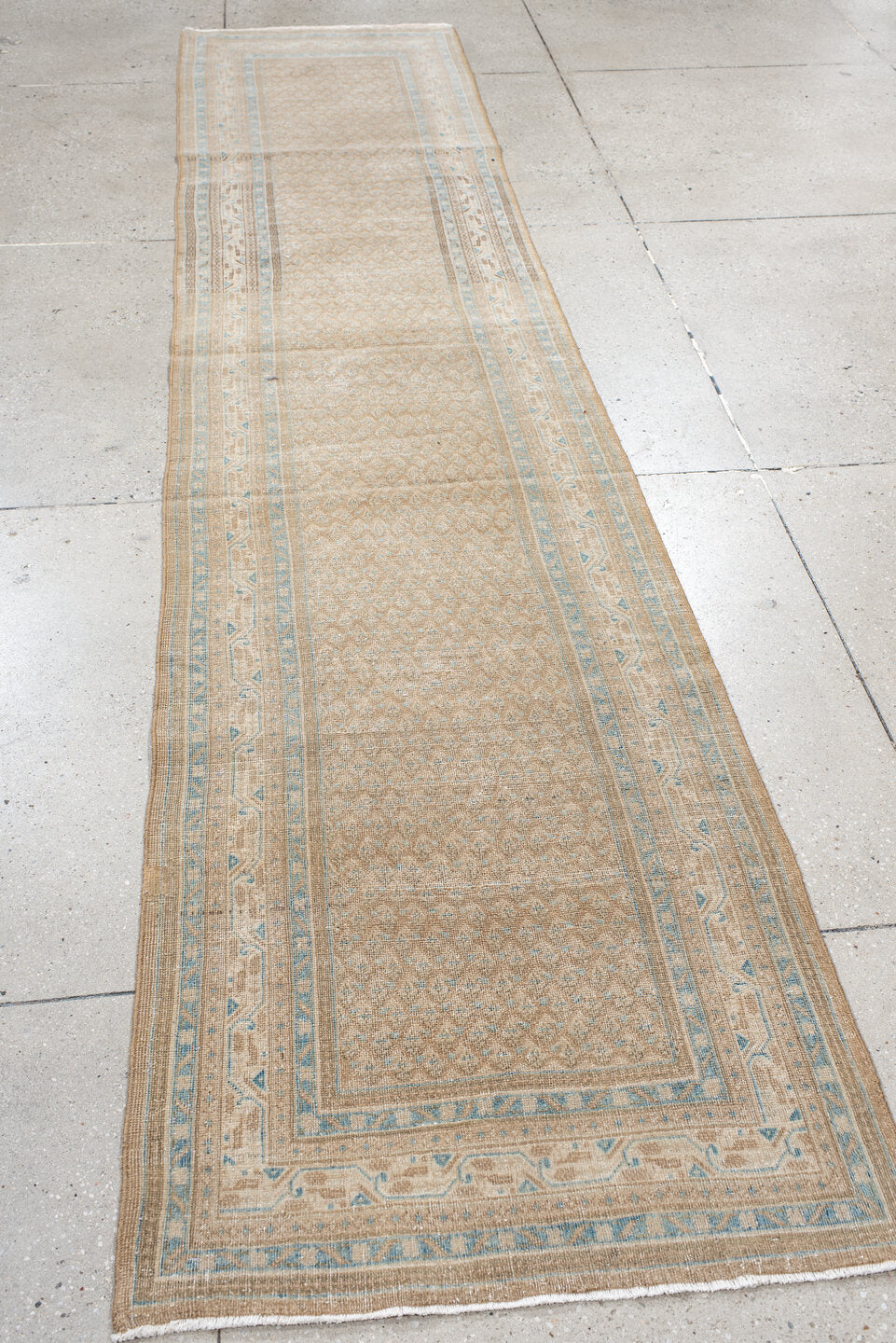 2' x 12' one-of-a-kind handmade antique Mir runner rug. Color palette: ivory, sky blue, beige, taupe, camel, light blue