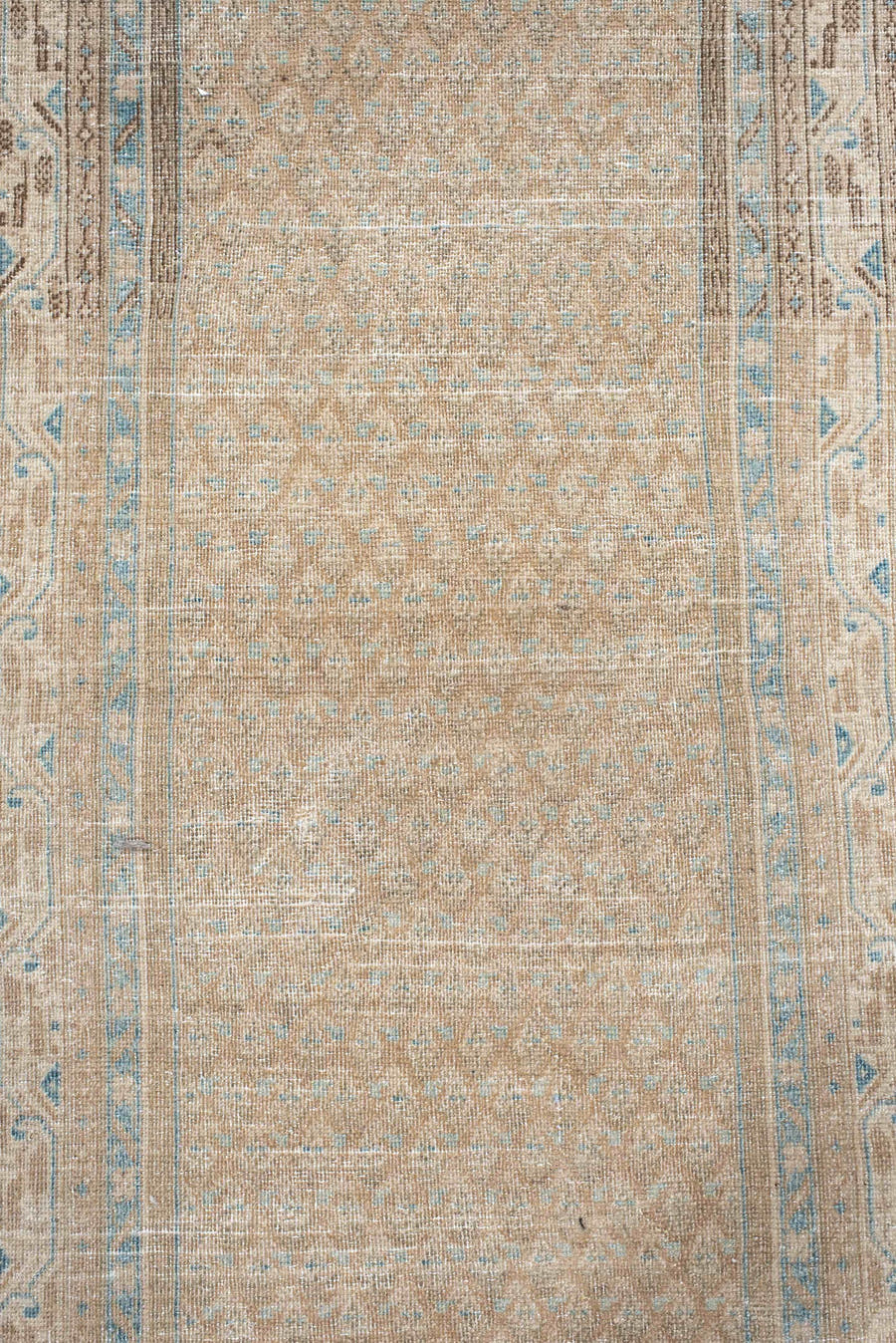 2' x 12' one-of-a-kind handmade antique Mir runner rug. Color palette: ivory, sky blue, beige, taupe, camel, light blue