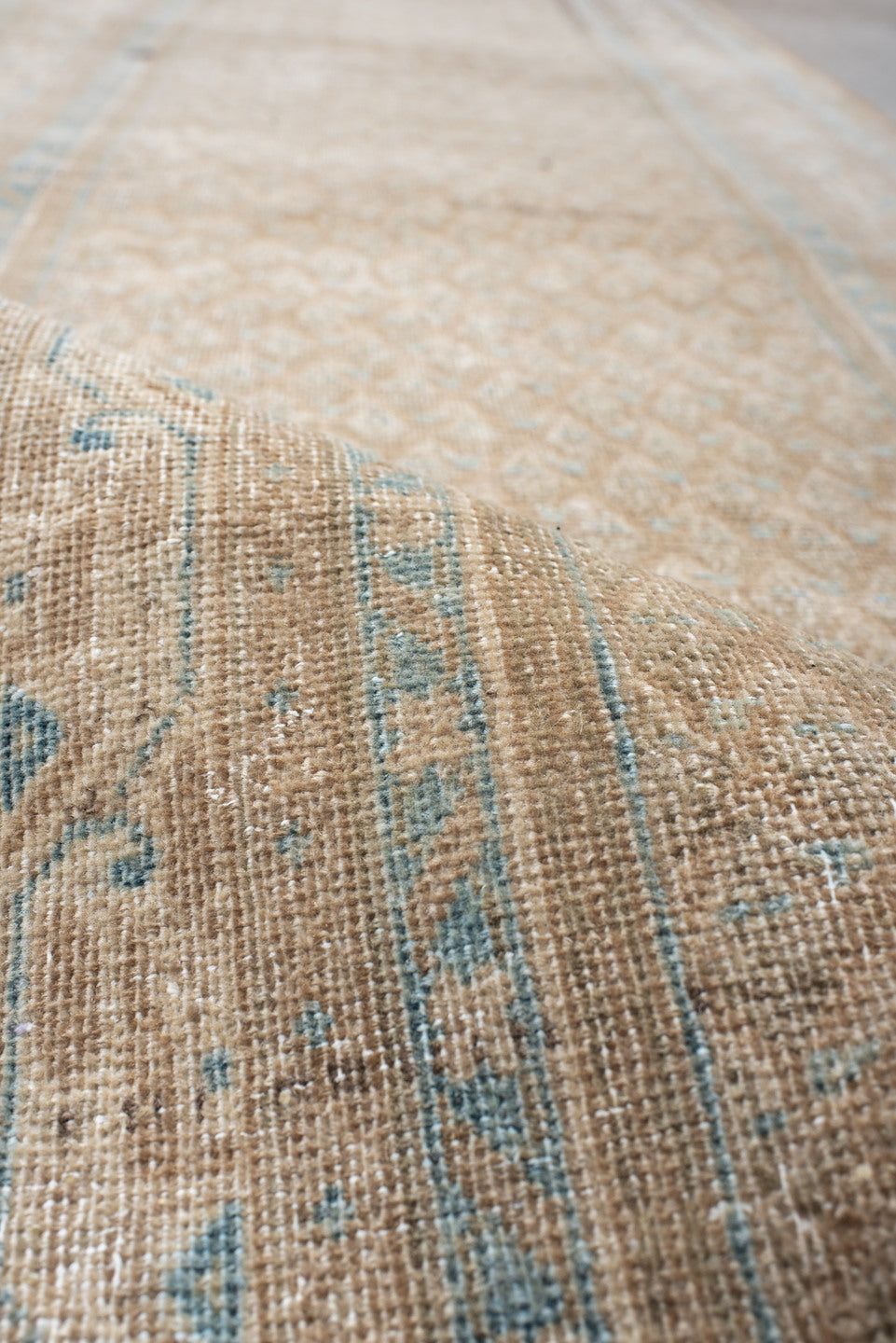 2' x 12' one-of-a-kind handmade antique Mir runner rug. Color palette: ivory, sky blue, beige, taupe, camel, light blue