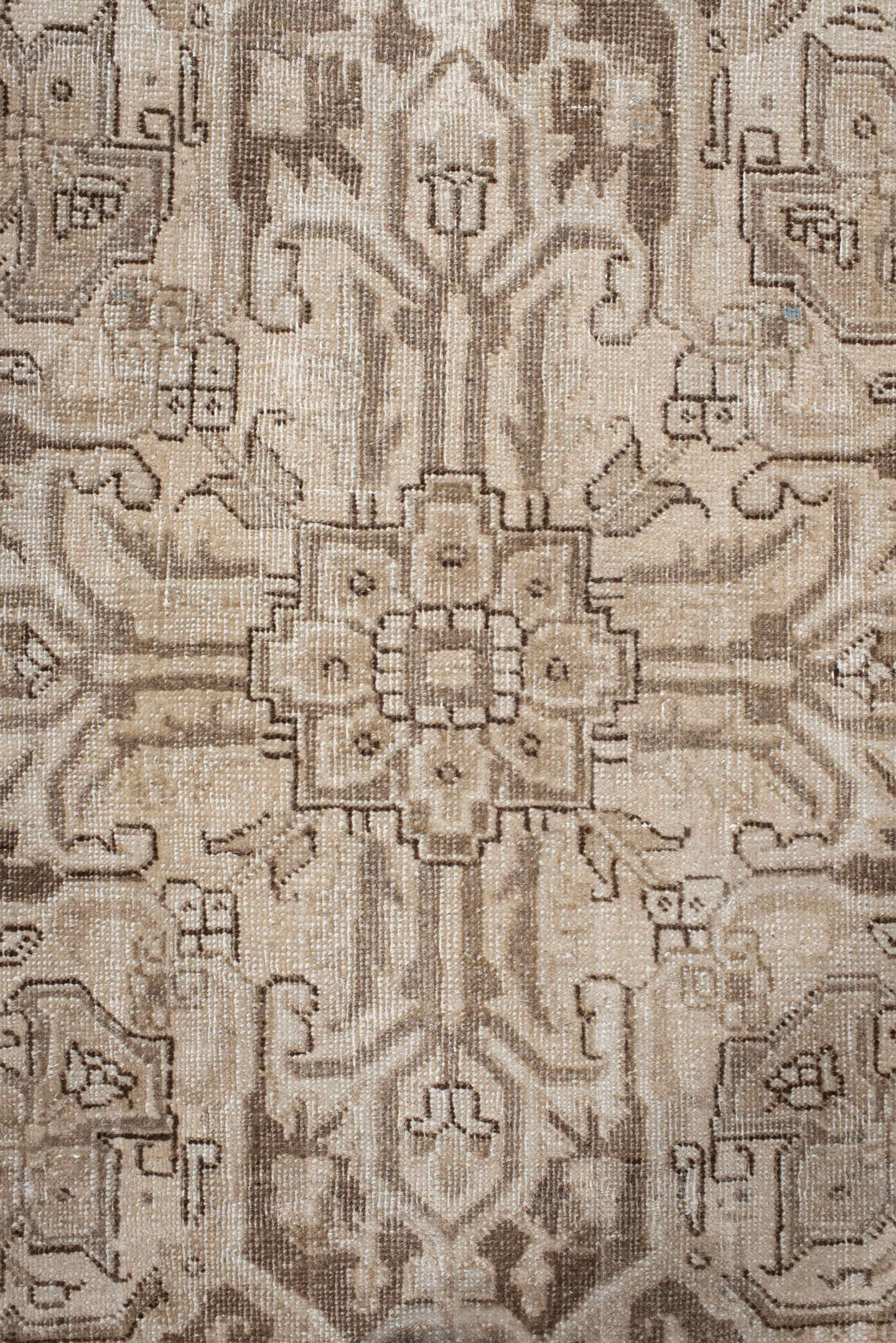 7' x 10' one-of-a-kind handmade antique Heriz large size rug. Color palette: ivory, taupe, beige, brown, camel, pale blue