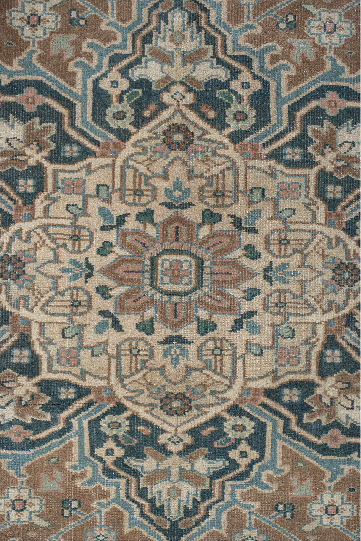 6' x 9' one-of-a-kind handmade vintage Heriz medium size rug. Color palette: black, blue, brown, charcoal, dim gray, gray