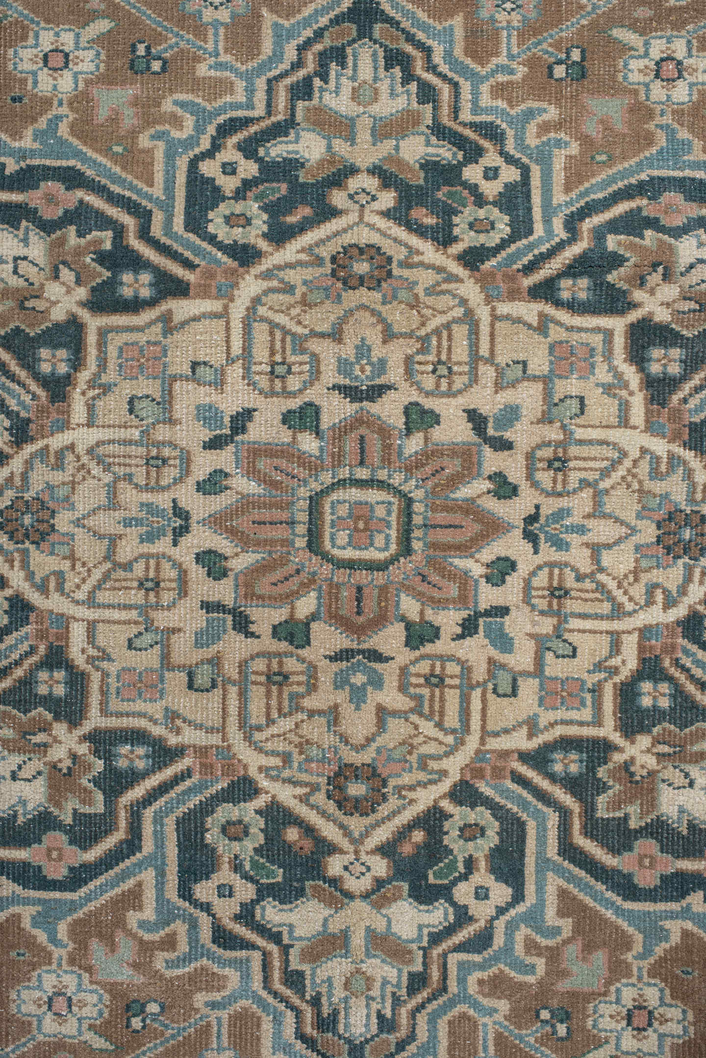 6' x 9' one-of-a-kind handmade antique Heriz medium size rug. Color palette: taupe, ivory, slate, cream, sage, charcoal