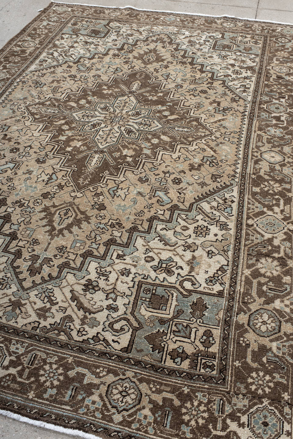 6' x 9' one-of-a-kind handmade antique Heriz medium size rug. Color palette: brown, ivory, sky blue, taupe, camel, slate