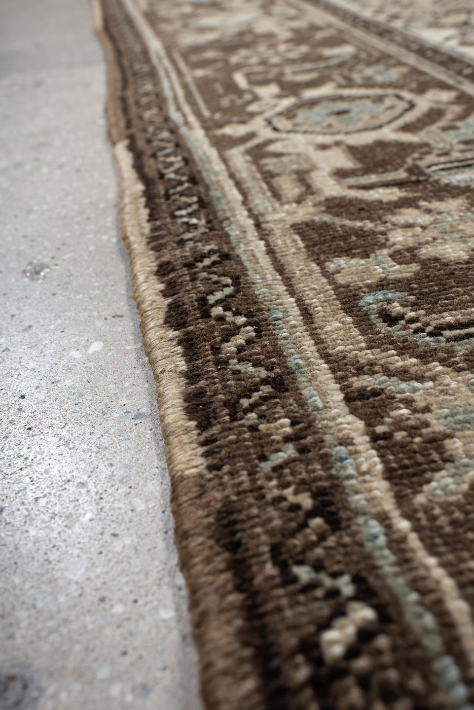 6' x 9' one-of-a-kind handmade antique Heriz medium size rug. Color palette: brown, ivory, sky blue, taupe, camel, slate