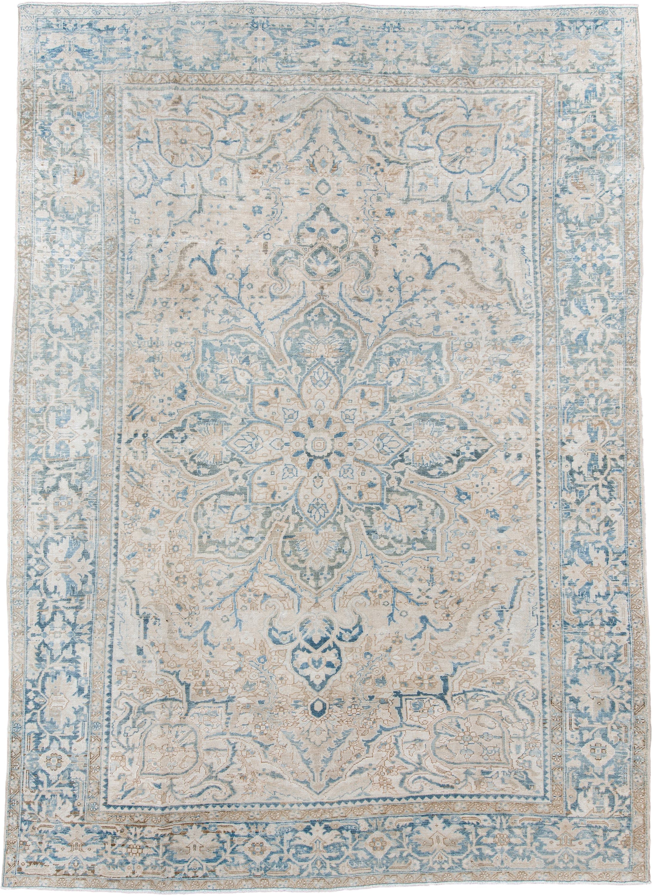 8' x 11' one-of-a-kind handmade antique Heriz large size rug. Color palette: ivory, pale blue, beige, sky blue, cream, taupe