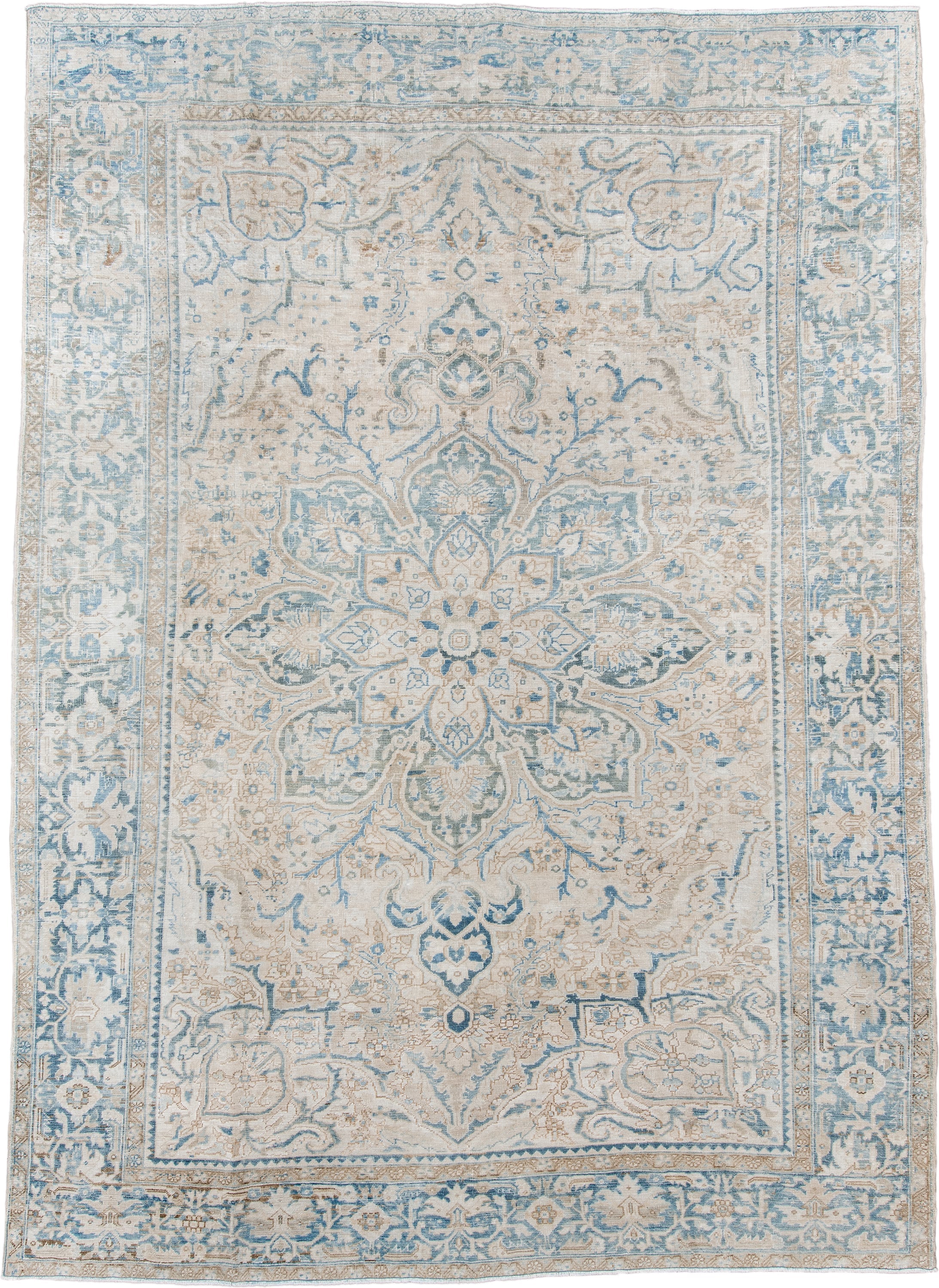8' x 11' one-of-a-kind handmade antique Heriz large size rug. Color palette: ivory, pale blue, beige, sky blue, cream, taupe