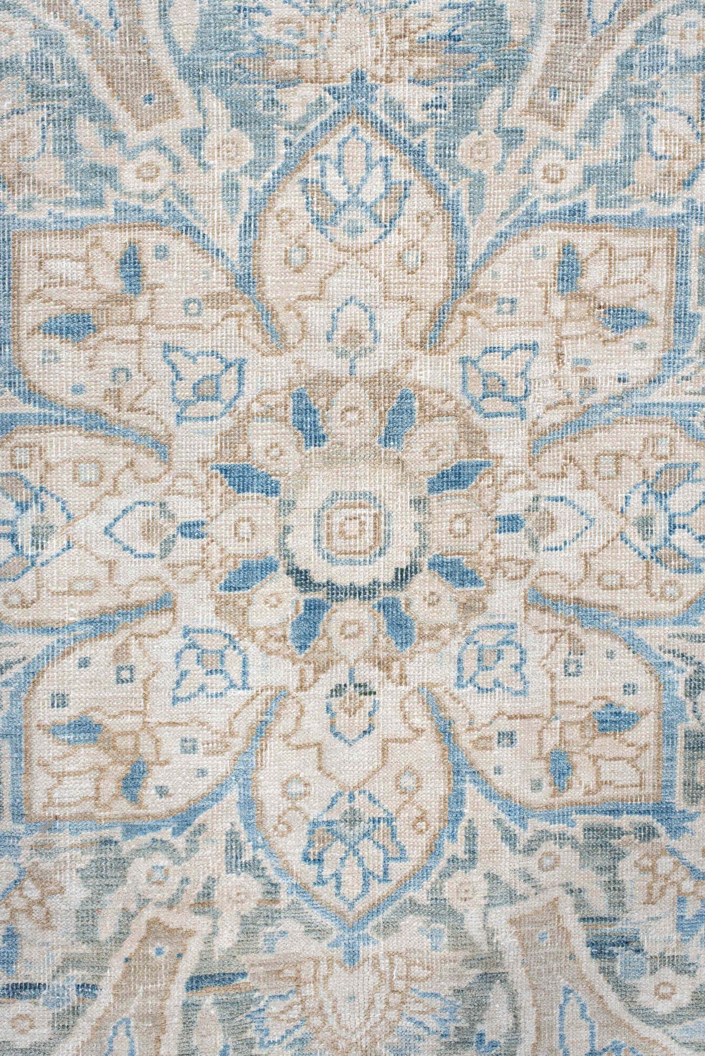 8' x 11' one-of-a-kind handmade antique Heriz large size rug. Color palette: ivory, pale blue, beige, sky blue, cream, taupe