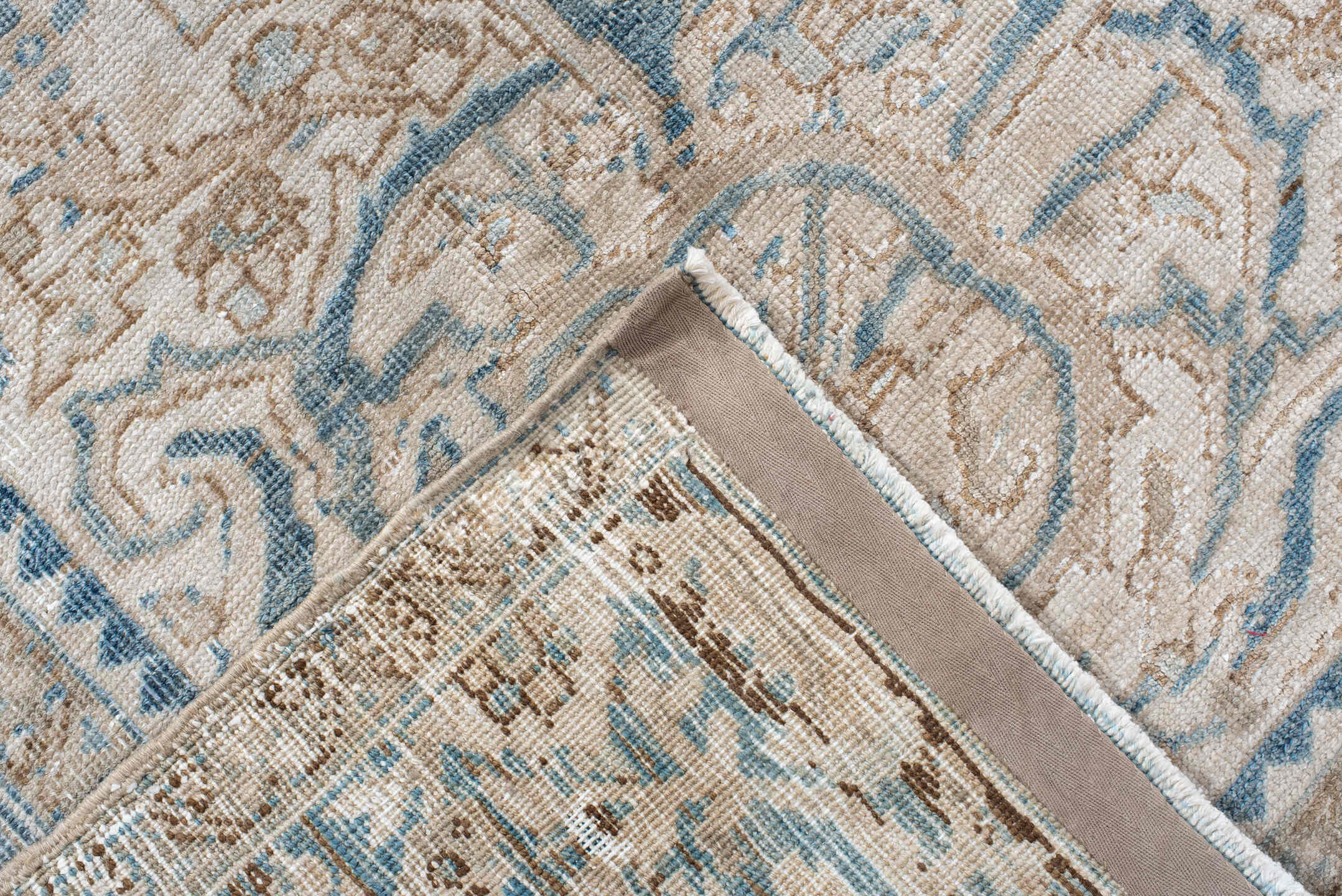 8' x 11' one-of-a-kind handmade antique Heriz large size rug. Color palette: ivory, pale blue, beige, sky blue, cream, taupe