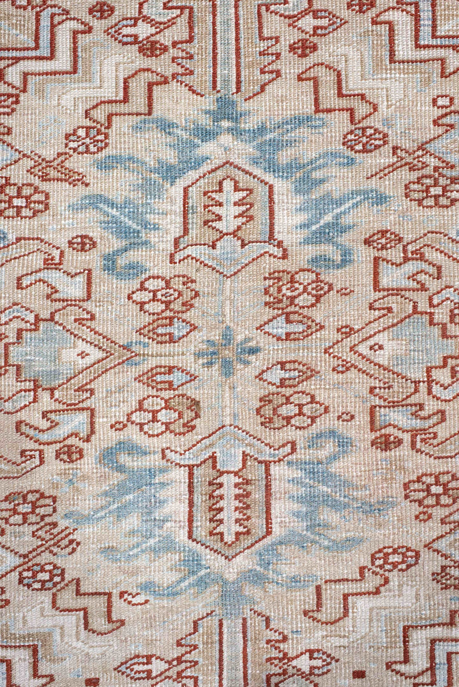 6' x 8' one-of-a-kind handmade antique Heriz medium size rug. Color palette: ivory, sky_blue, terracotta, pale_blue, rust