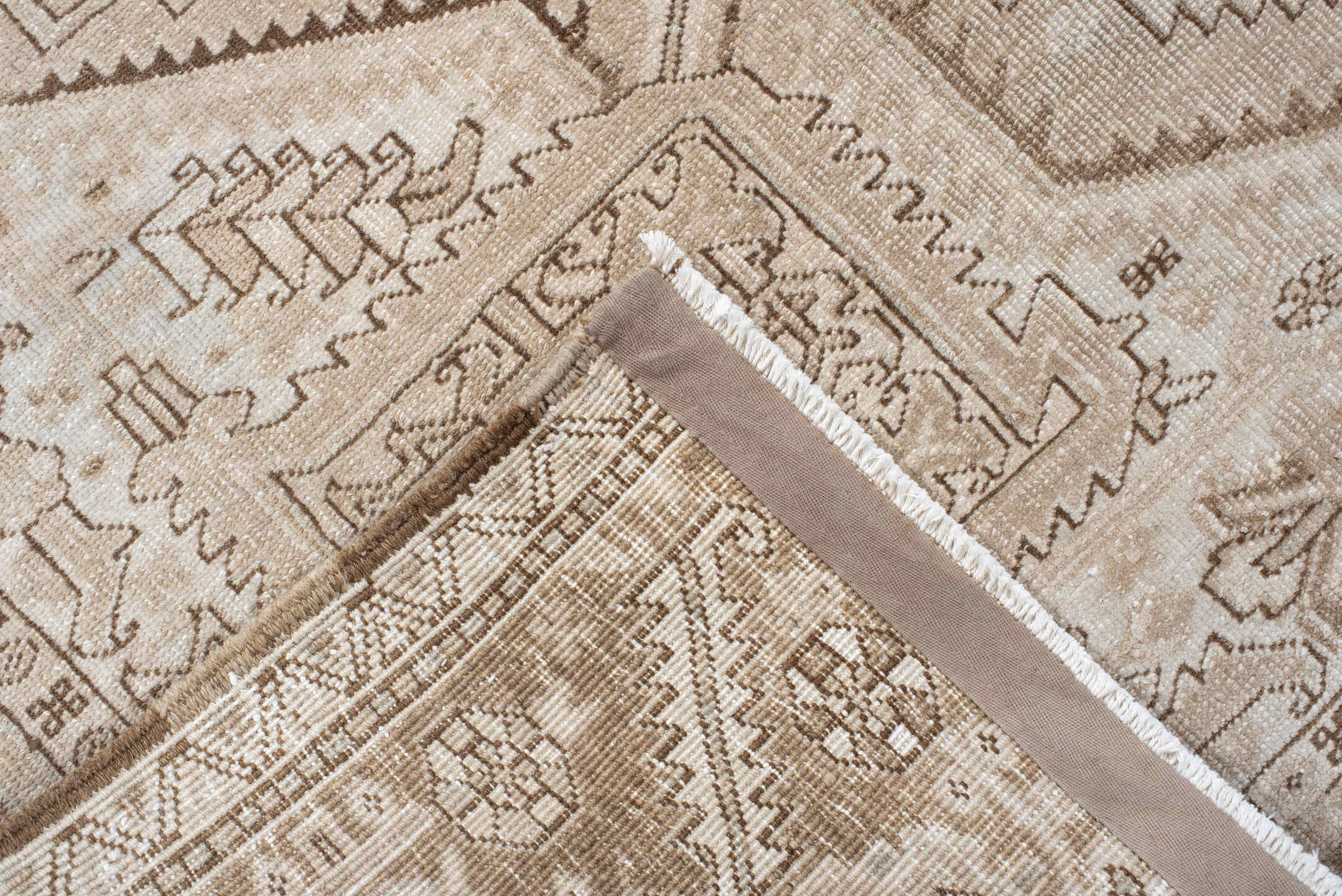 6' x 9' one-of-a-kind handmade antique Heriz medium size rug. Color palette: ivory, taupe, beige, sand, camel, gray