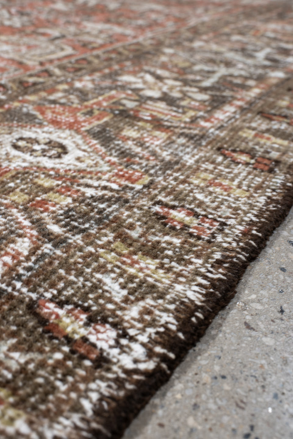 6' x 8' one-of-a-kind handmade antique Heriz medium size rug. Color palette: terra cotta, ivory, taupe, brown, charcoal