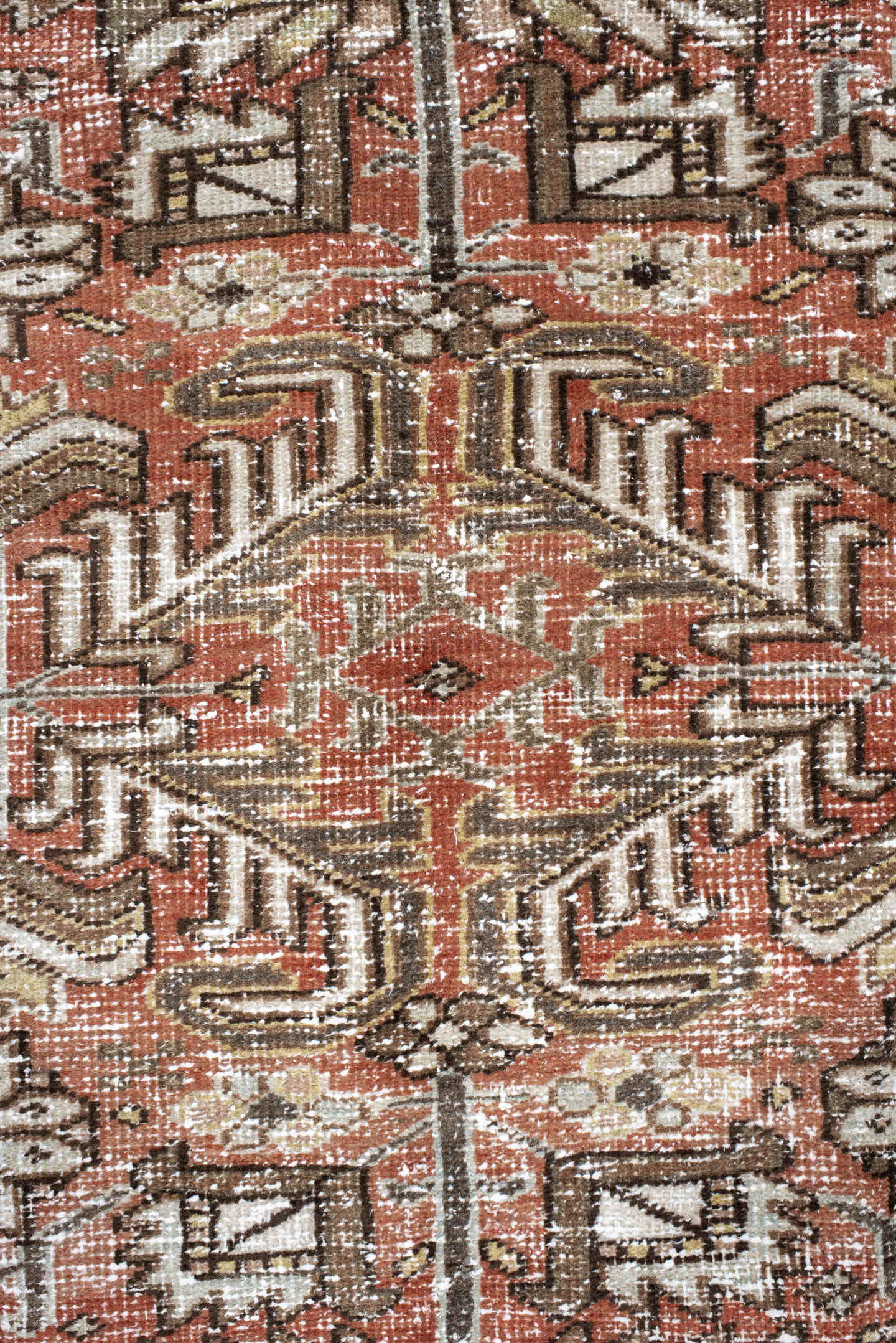 6' x 8' one-of-a-kind handmade antique Heriz medium size rug. Color palette: terra cotta, ivory, taupe, brown, charcoal