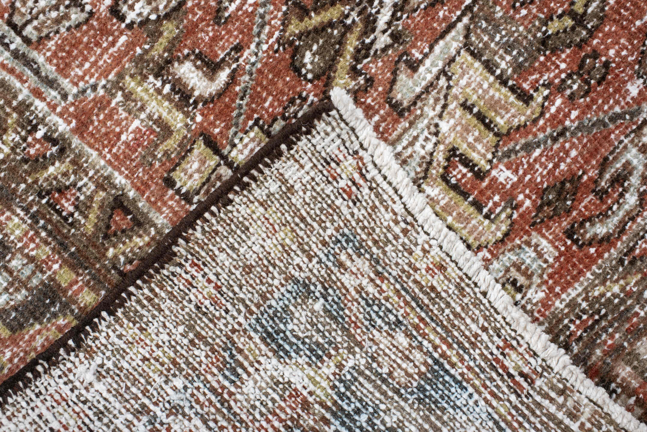 6' x 8' one-of-a-kind handmade antique Heriz medium size rug. Color palette: terra cotta, ivory, taupe, brown, charcoal