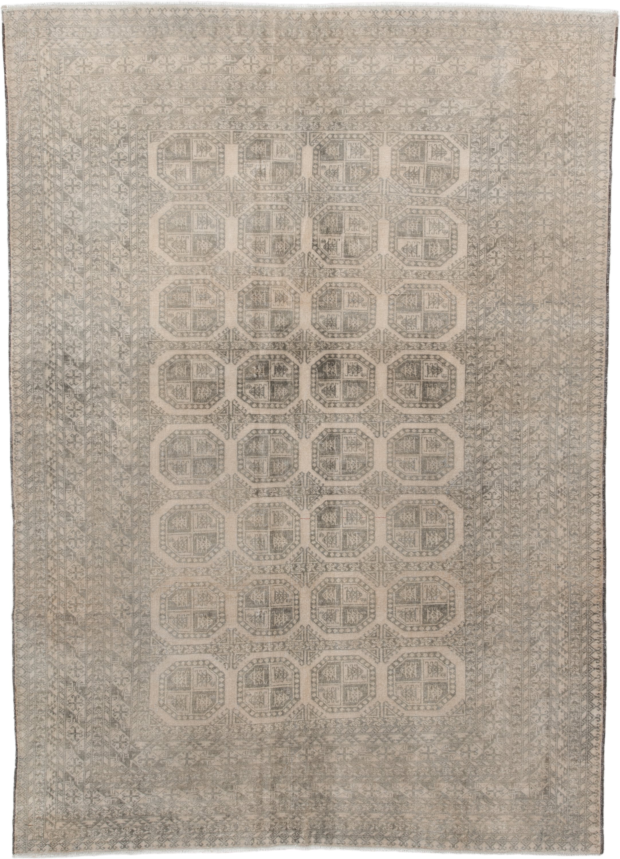 6' x 9' one-of-a-kind handmade antique Afghan medium size rug. Color palette: ivory, taupe, gray, beige, camel