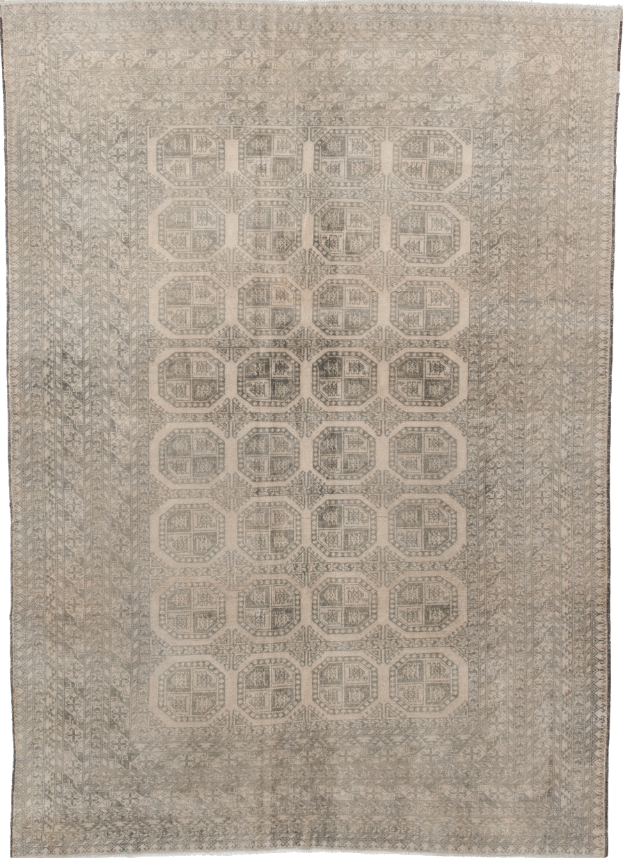 6' x 9' one-of-a-kind handmade vintage Afghan medium size rug. Color palette: brown, gray, light gray, off-white