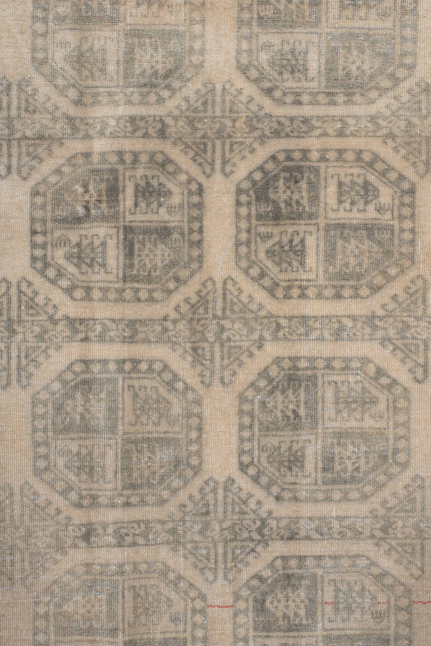 6' x 9' one-of-a-kind handmade antique Afghan medium size rug. Color palette: ivory, taupe, gray, beige, camel