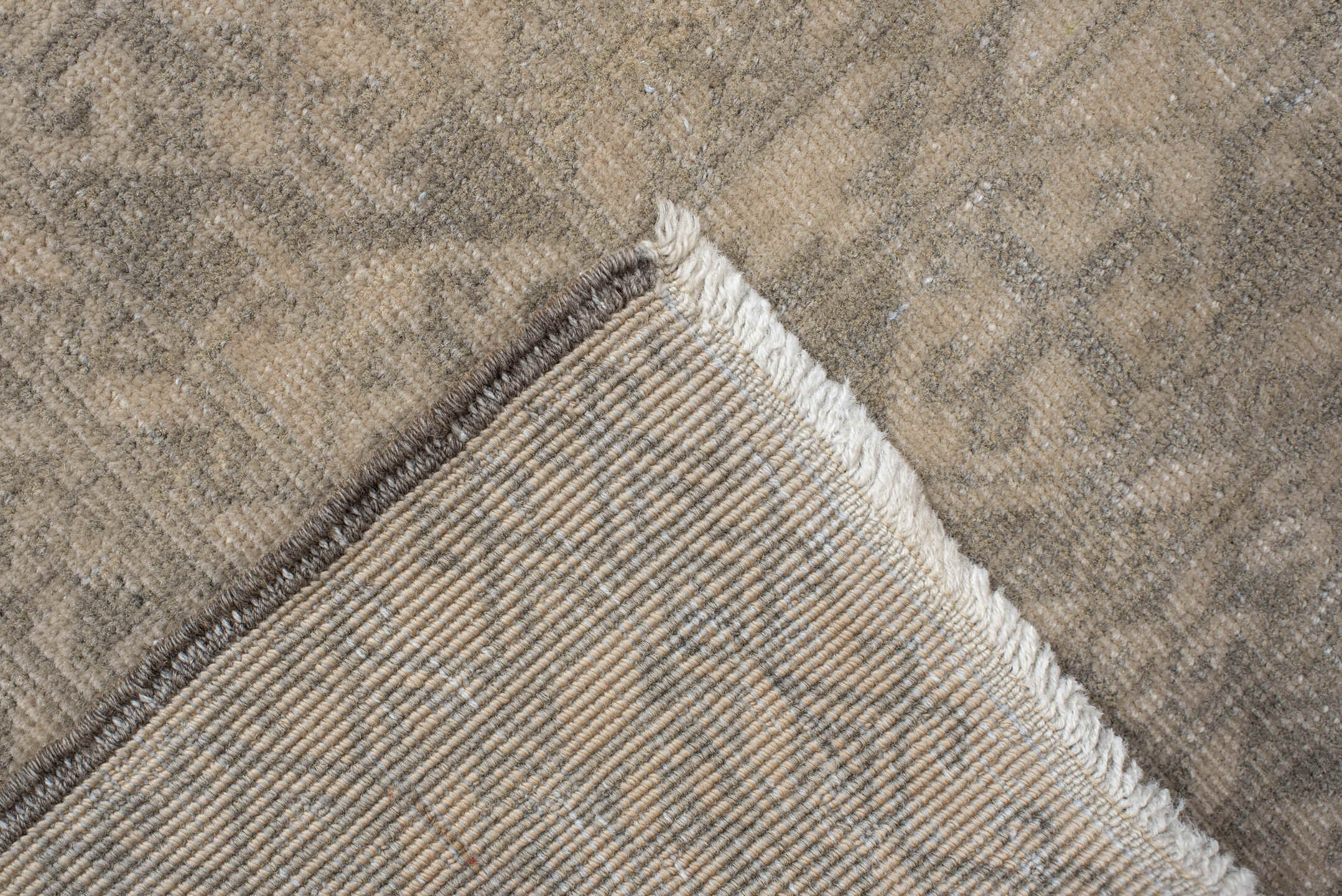 6' x 9' one-of-a-kind handmade antique Afghan medium size rug. Color palette: ivory, taupe, gray, beige, camel