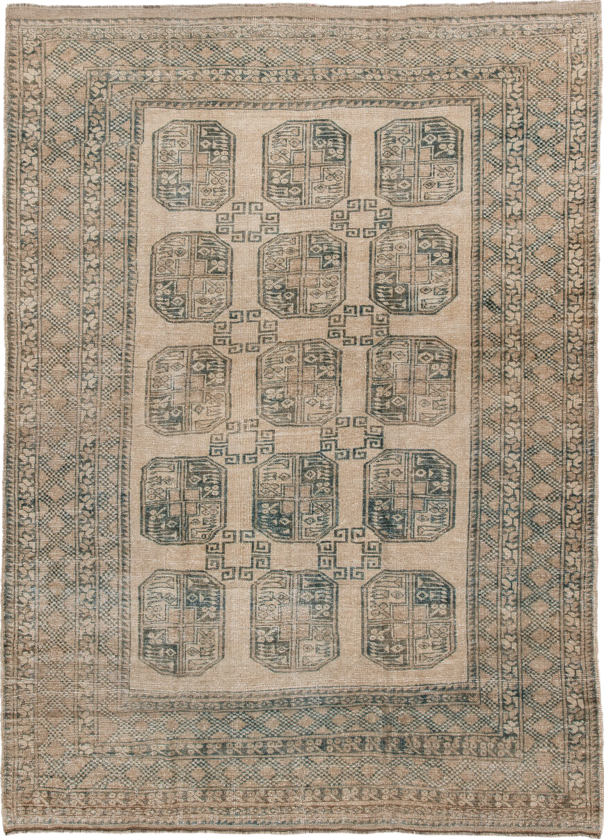 6' x 9' one-of-a-kind handmade vintage Afghan medium size rug. Color palette: brown, gray, light gray, off-white, orange