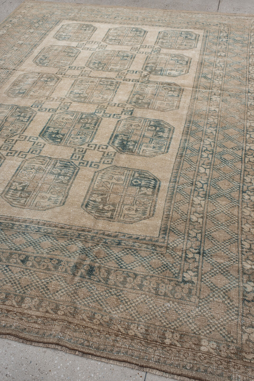 6' x 9' one-of-a-kind handmade antique Afghan medium size rug. Color palette: camel, taupe, sage, ivory, olive, beige, gray