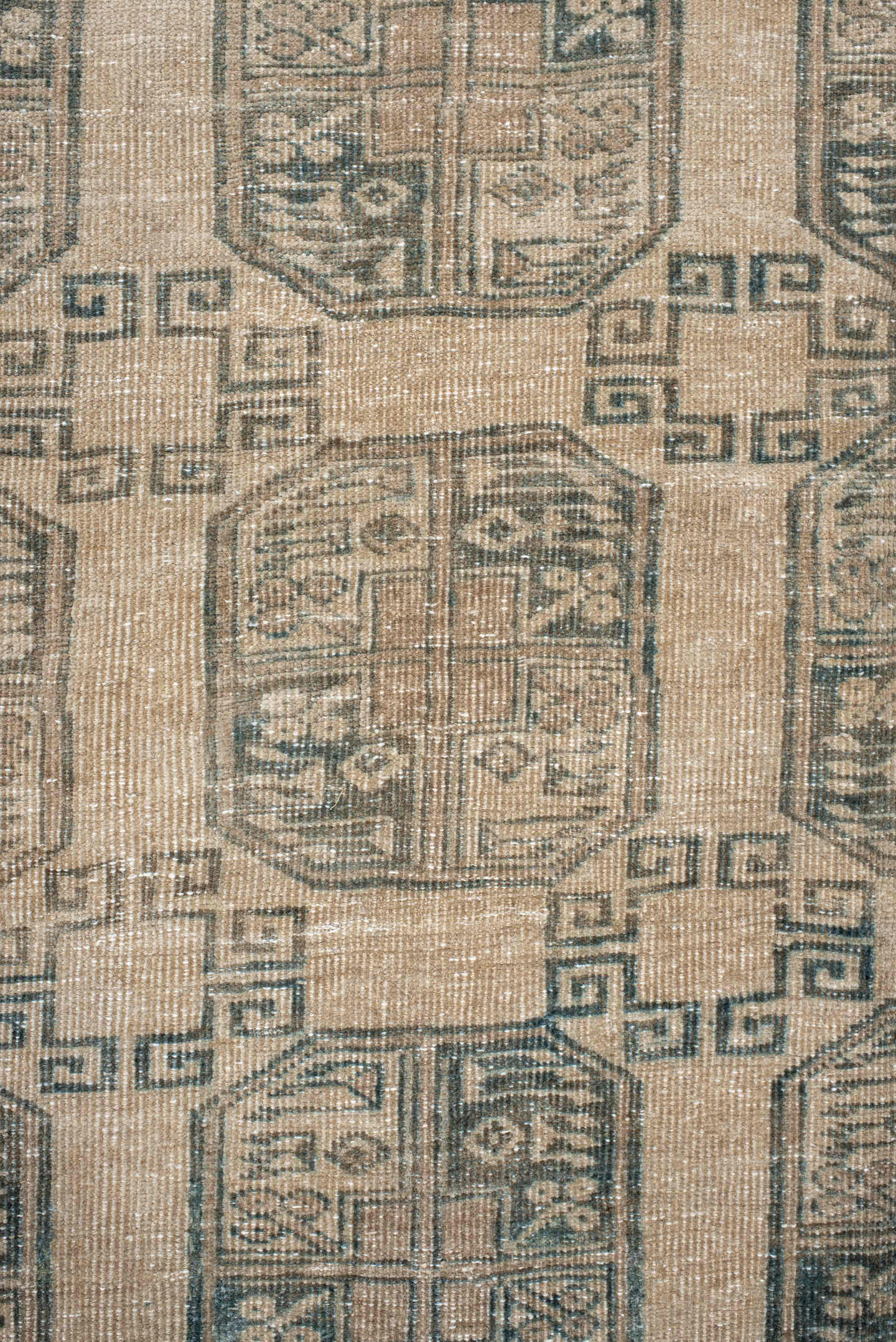 6' x 9' one-of-a-kind handmade antique Afghan medium size rug. Color palette: camel, taupe, sage, ivory, olive, beige, gray