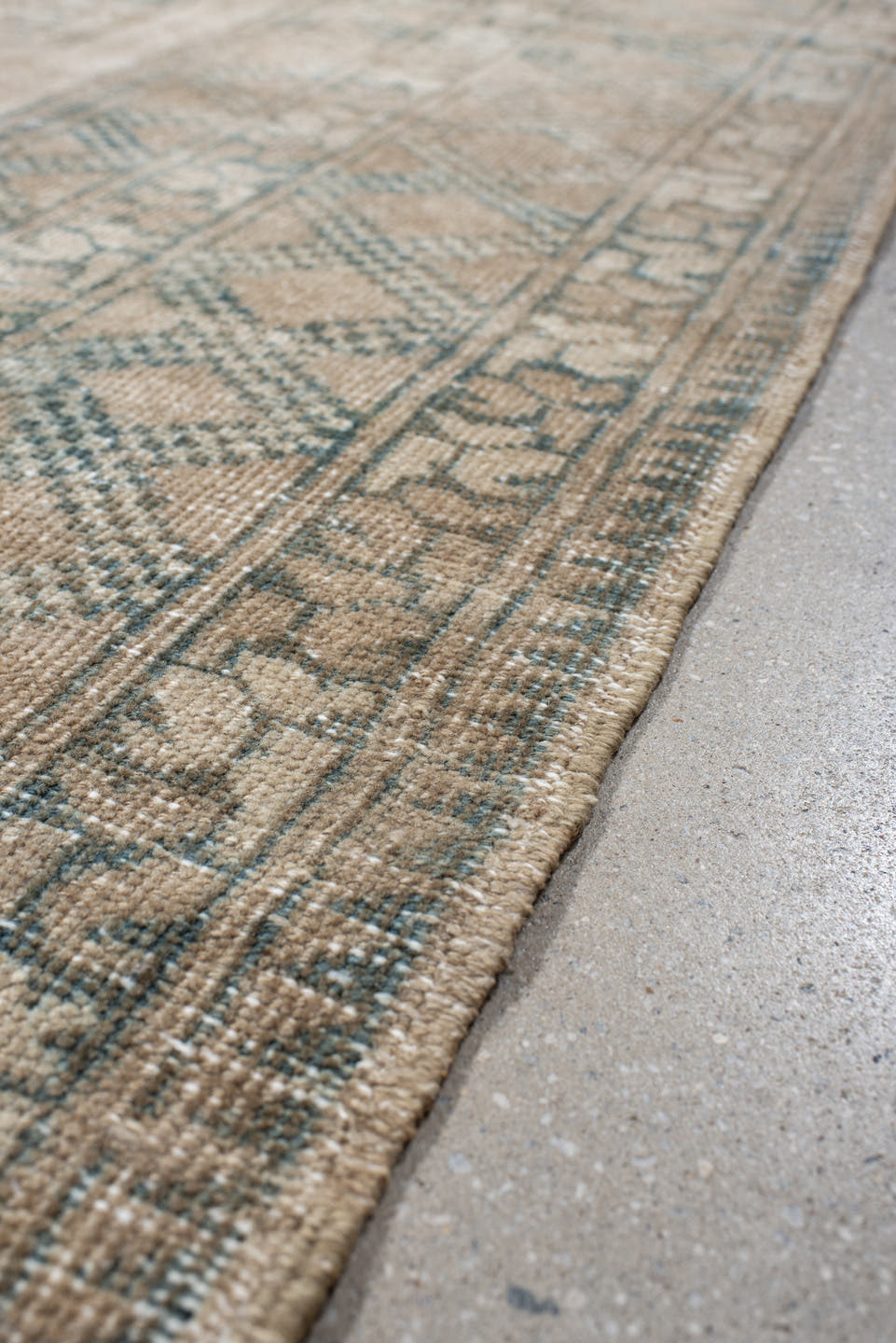 6' x 9' one-of-a-kind handmade antique Afghan medium size rug. Color palette: camel, taupe, sage, ivory, olive, beige, gray