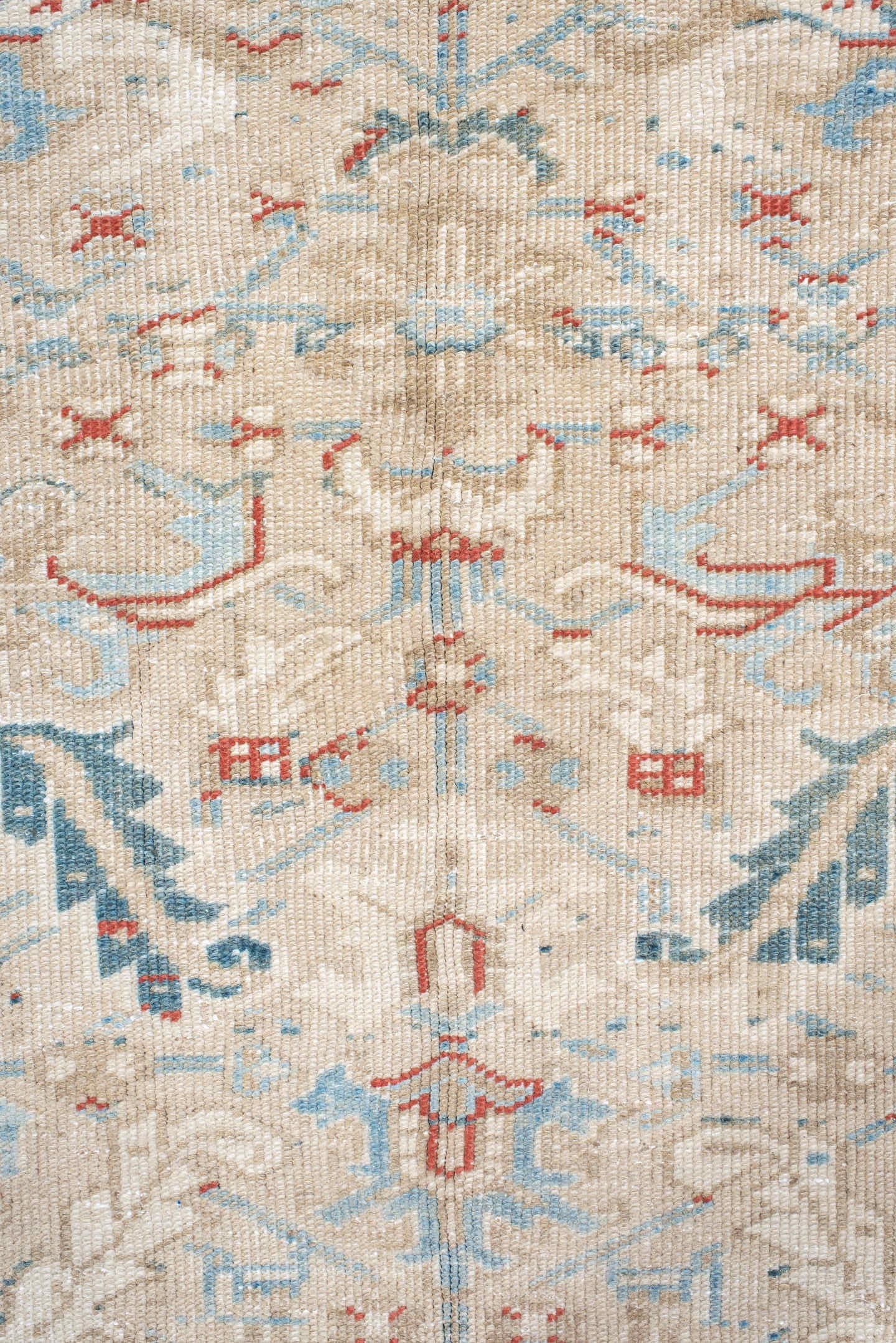 6' x 8' one-of-a-kind handmade antique Heriz medium size rug. Color palette: ivory, pale blue, rust, beige, sky blue